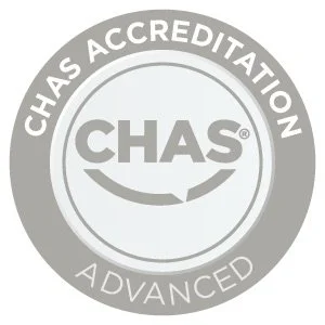Chas accreditation logo with circular design and text indicating advanced status.