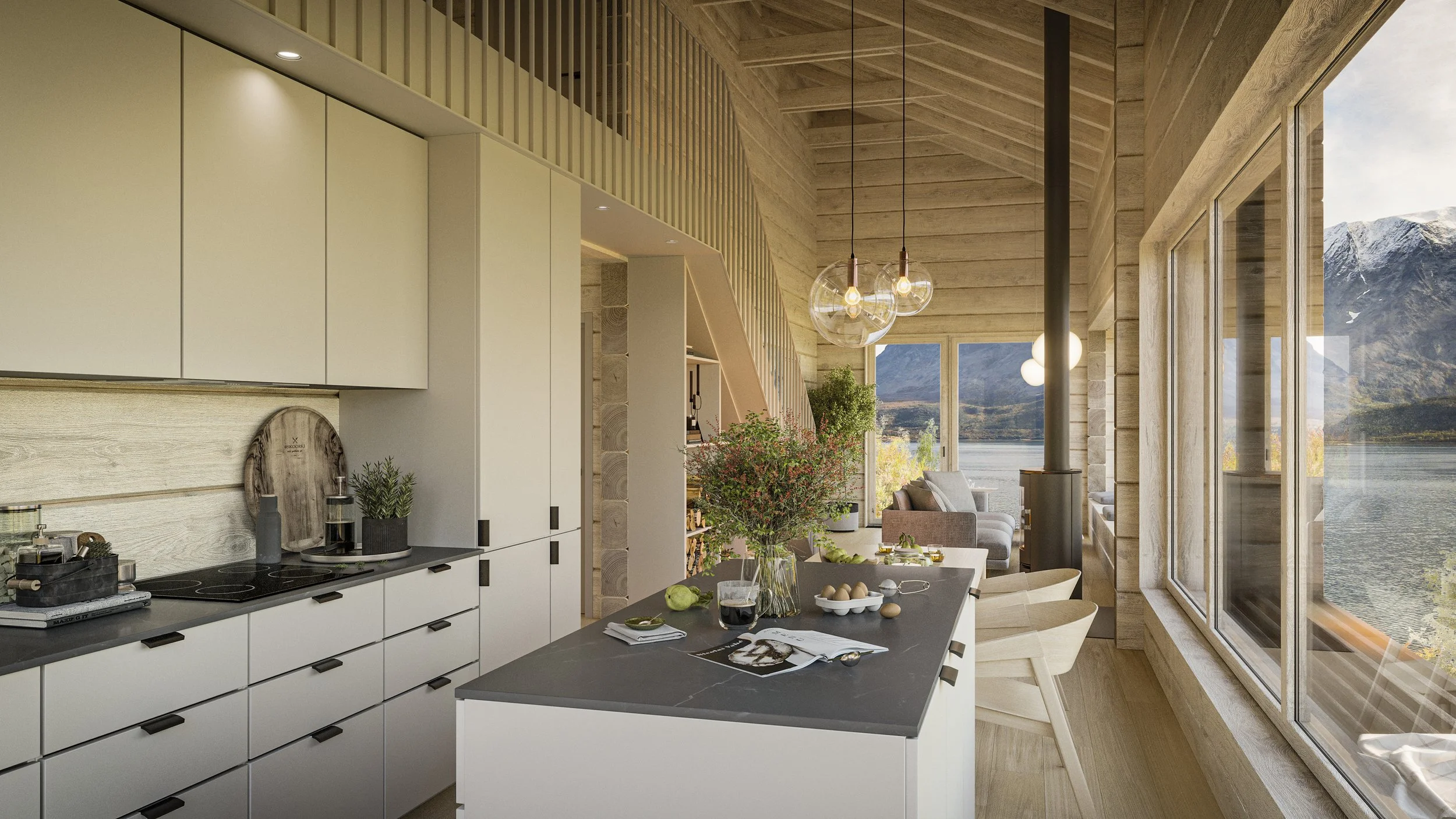 Modern kitchen and living area with large windows overlooking mountains and lake, with a kitchen island, pendant lights, and seating area.