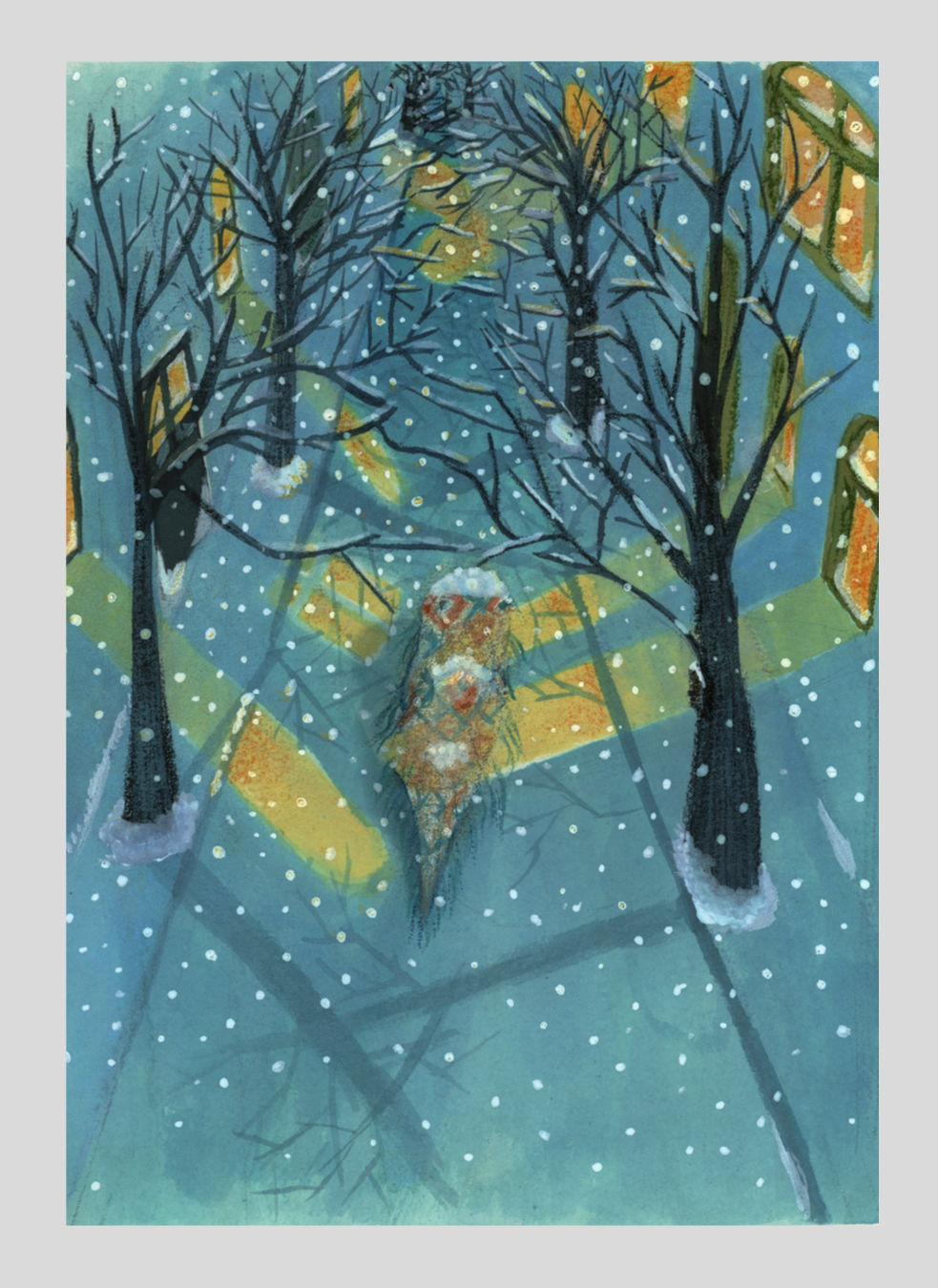 Creature walking on a street in winter. Watercolour an colour pencil. 