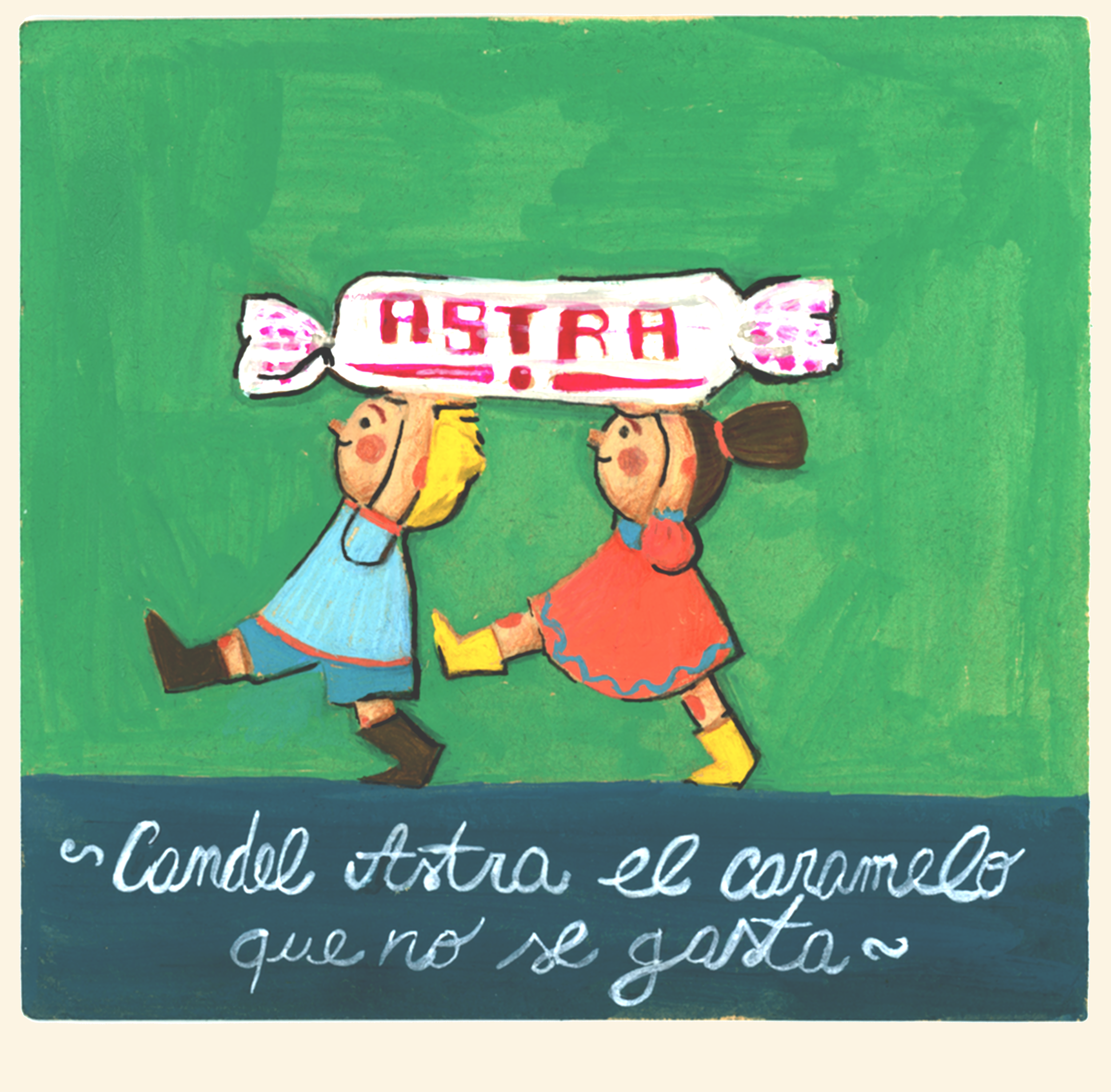 A boy and a girl and walking with an oversized candy over their heads. Gouache and ink 