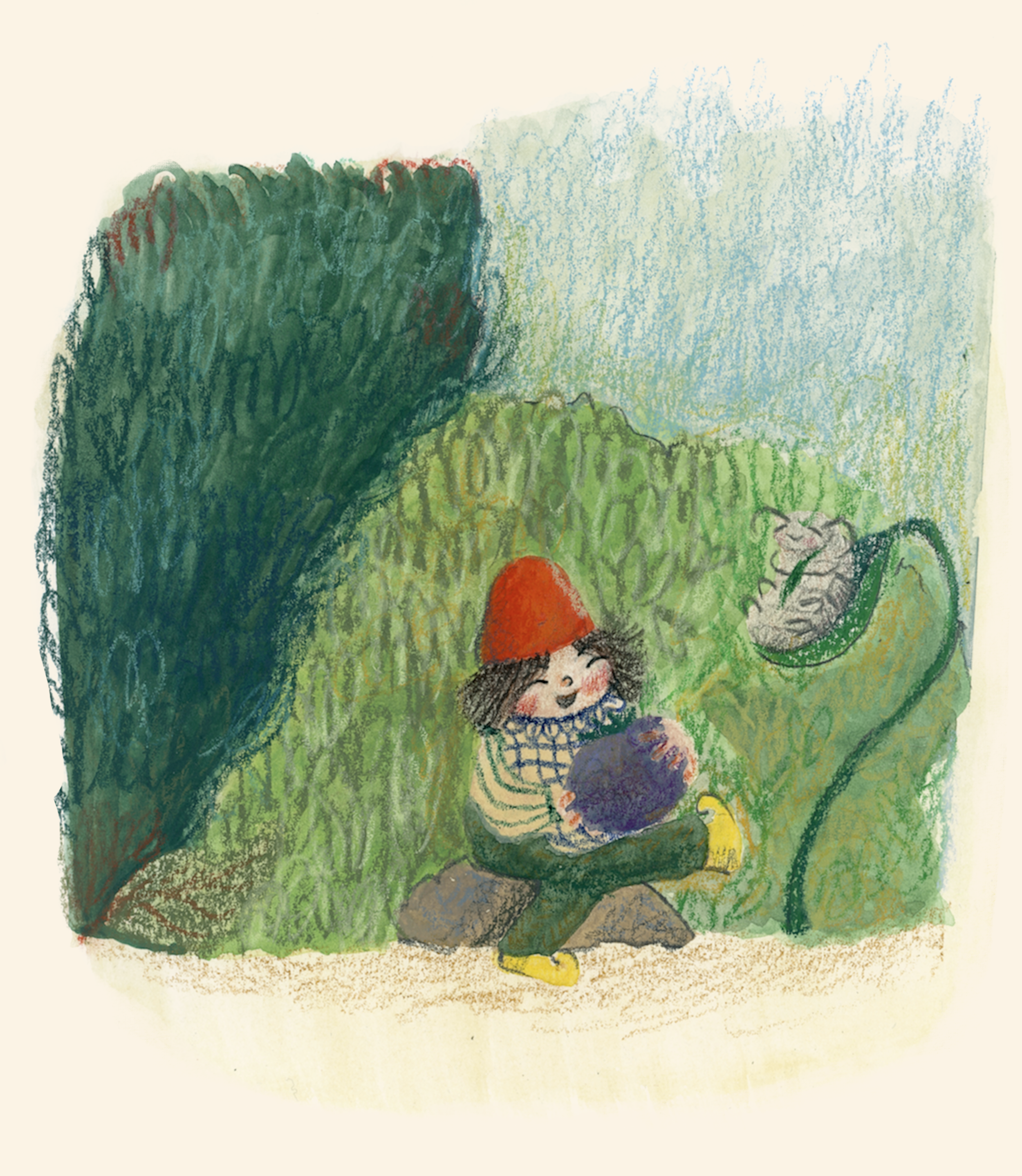 A child sitting outdoors on a rock, holding a large purple fruit, with a mountain and a large green plant or bush in the background. The child is wearing a red hat, striped shirt, and yellow shoes, and is smiling.