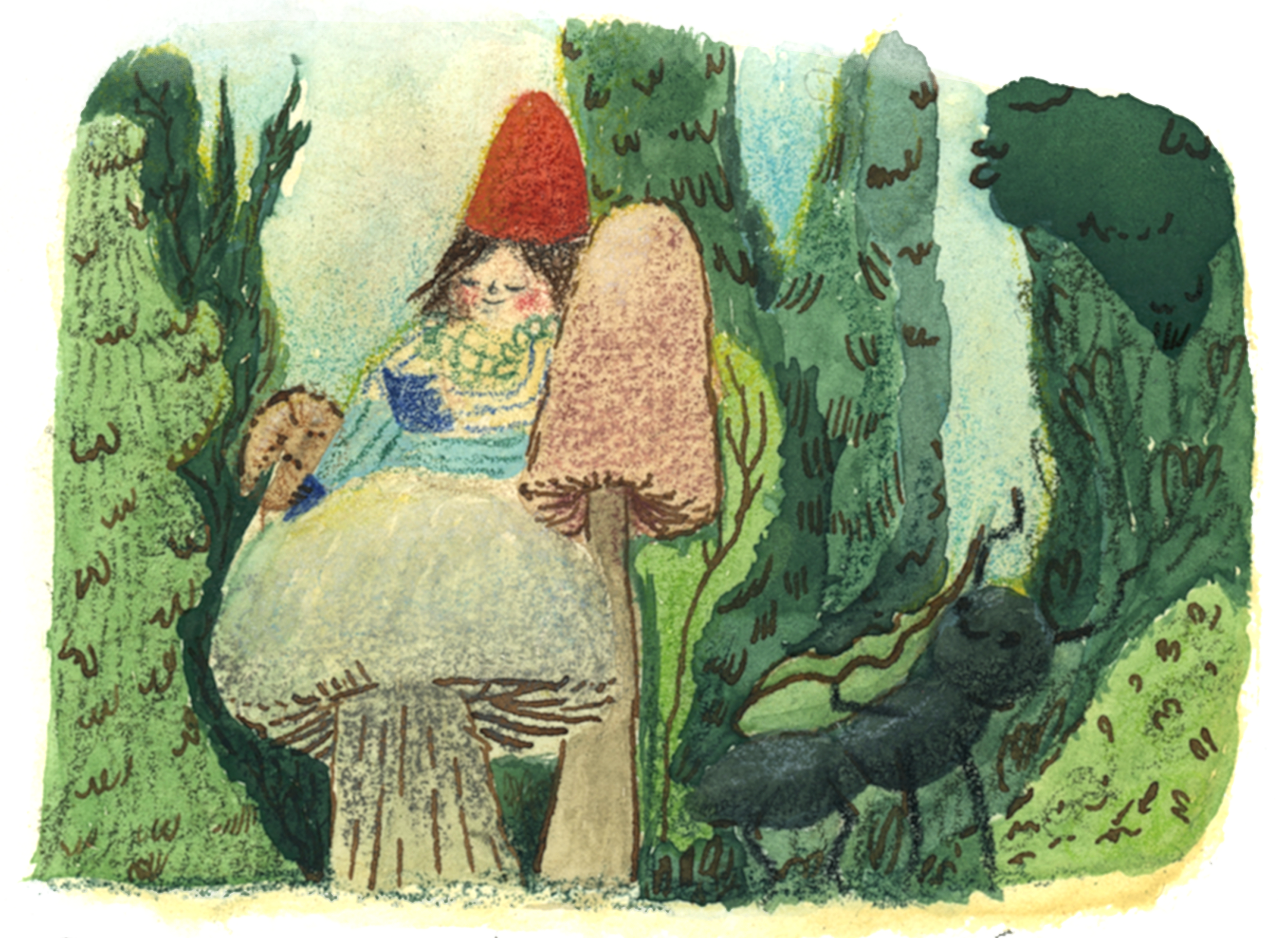 Pola is reading a book while Bolita is napping next to her. Watercolour, pencil and ink. 