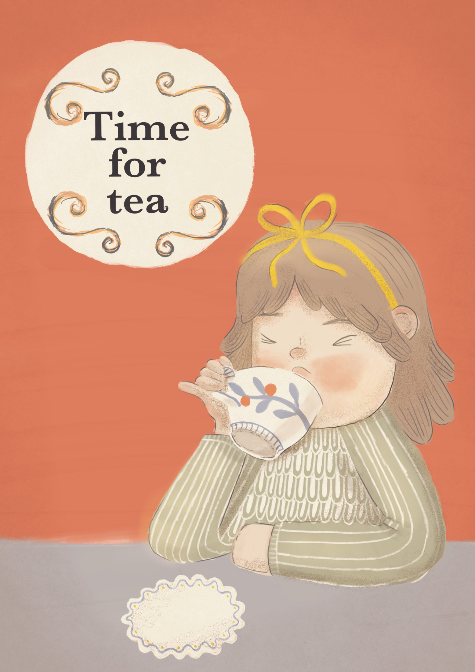 Girl drinking tea with her pinky up (because she is fancy). Digital illustration.