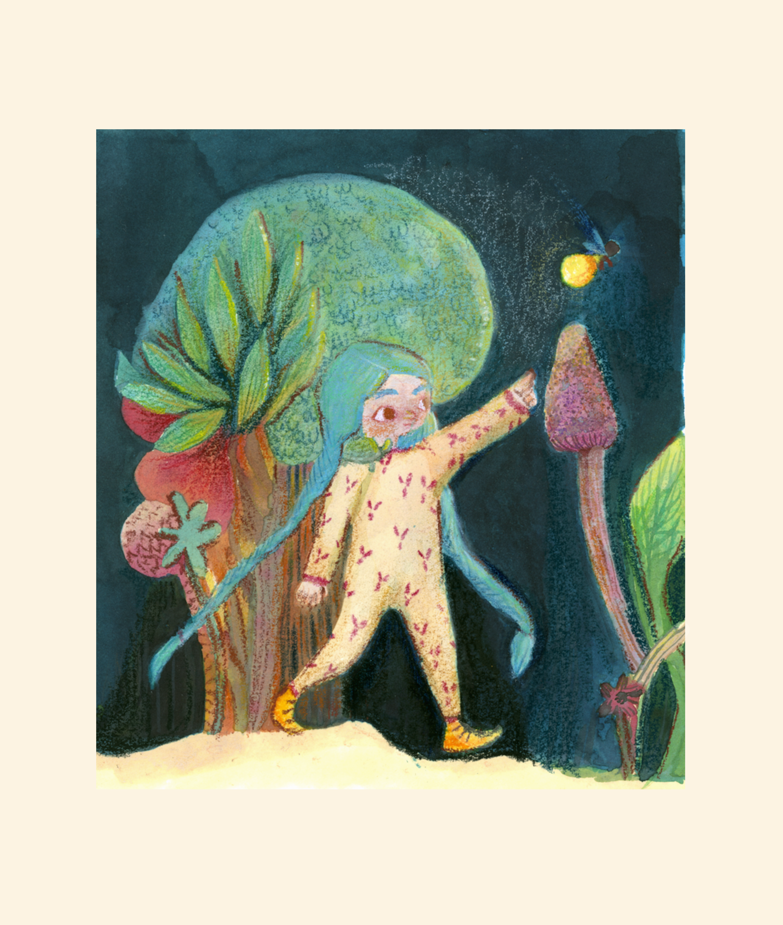 Girl pointing at something to a turtle on her shoulder. Watercolour and pencil .