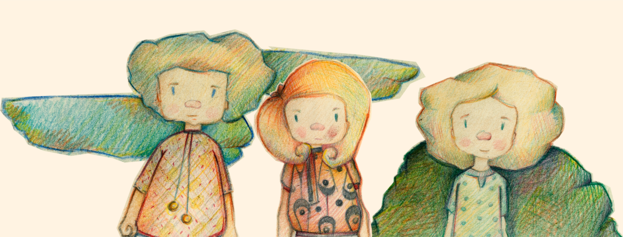 Three children in colour pencil.