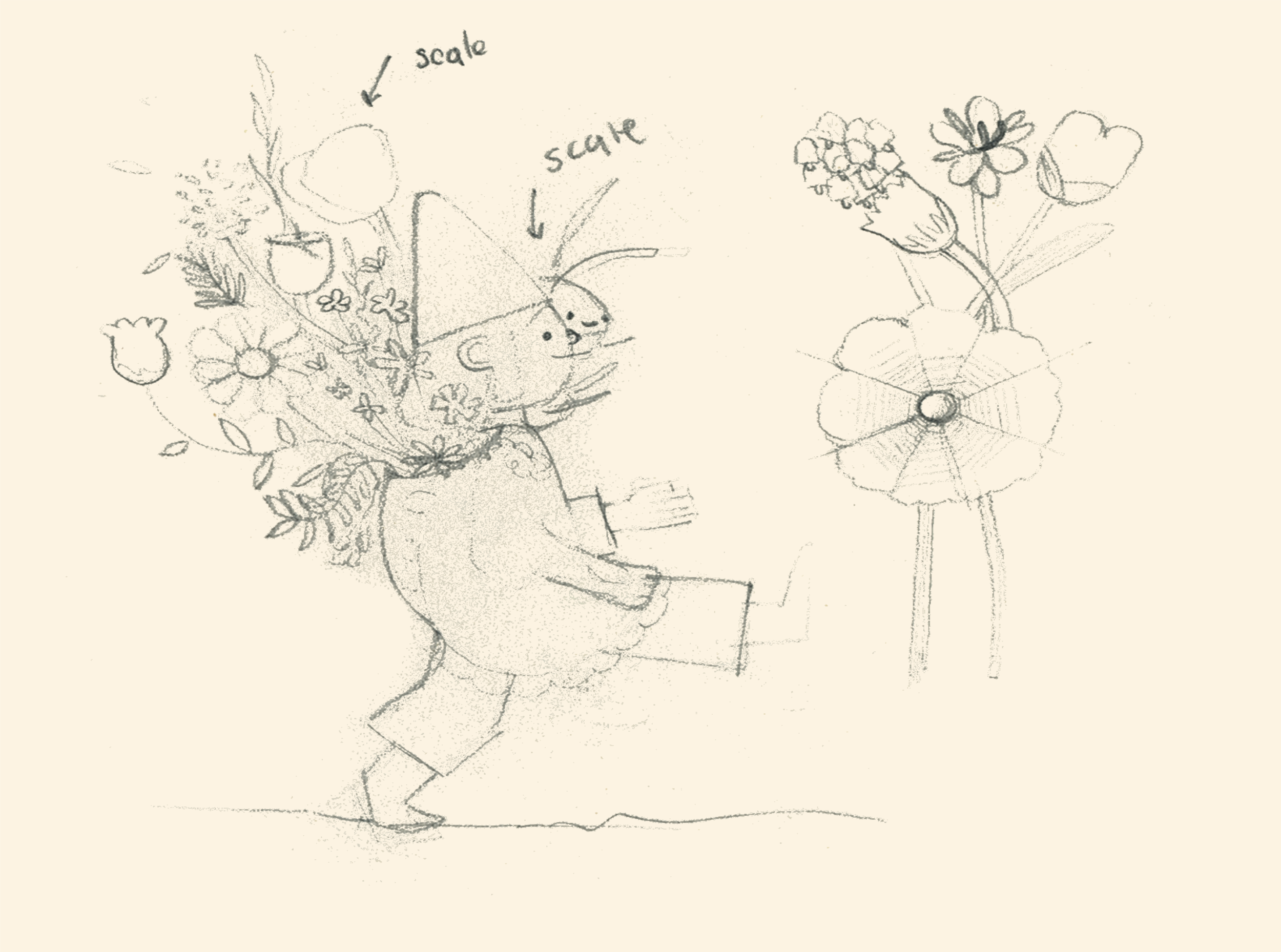 Pencil sketch of a girl carrying flowers in her back. 