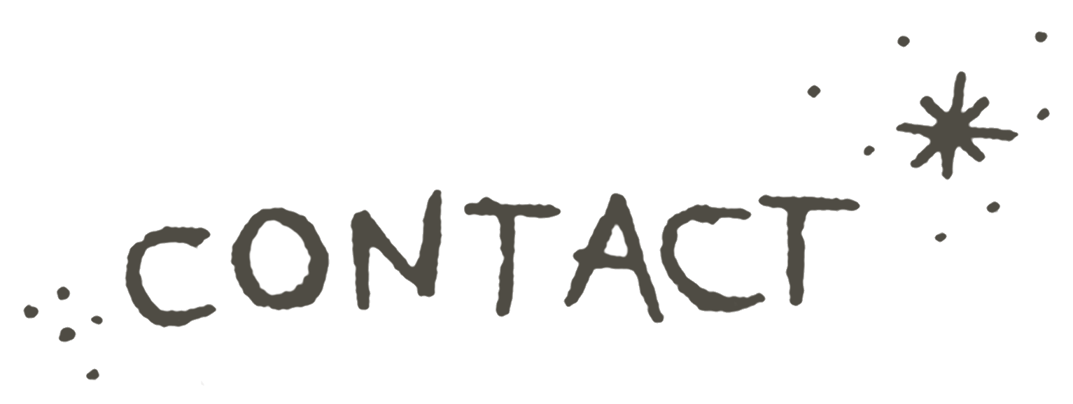 A black and gray graphic with the word 'CONTACT' in handwritten style, surrounded by small starburst and dot doodles.