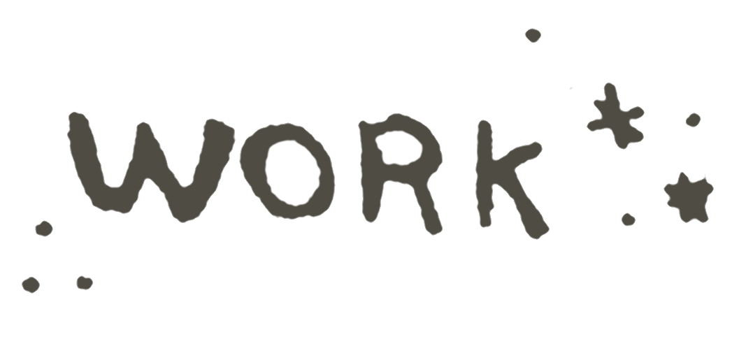 The word 'WORK' written in a gray, cartoonish font on a black background with small decorative dots and stars surrounding it.