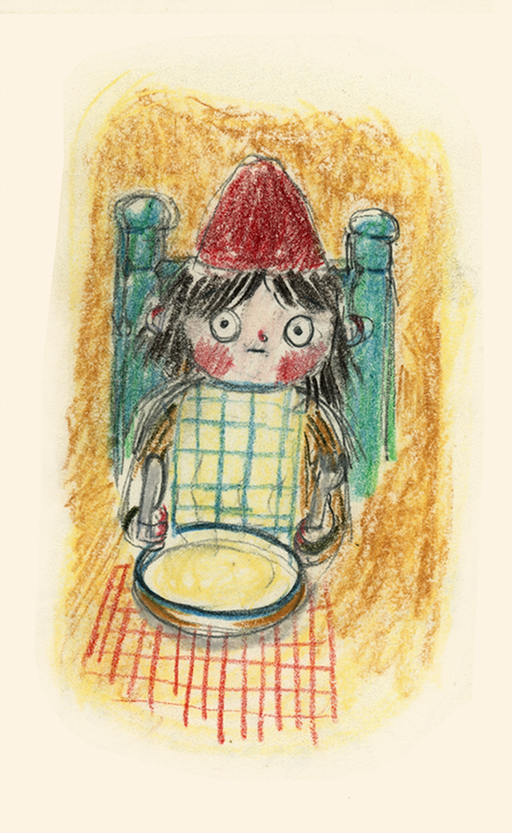 A drawing of a young girl with wide eyes, red cheeks, and dark hair, wearing a red hat and a checkered apron, sitting at a table with a plate of yellow food.