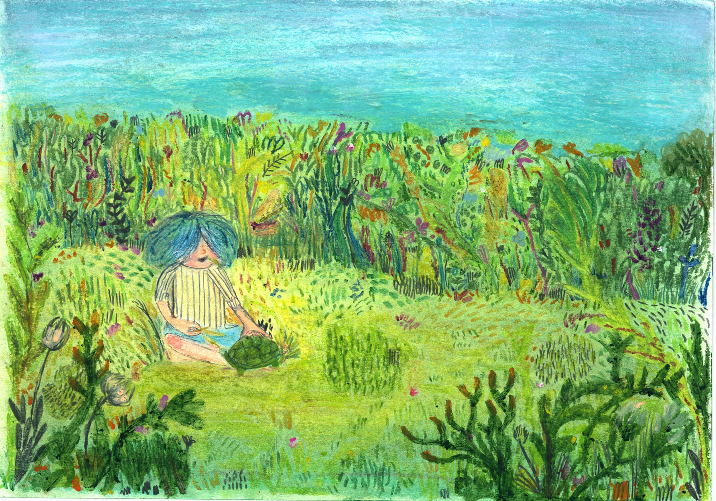 A colorful drawing of a person sitting on green grass, picking vegetables from a garden with lush green plants and trees, and a blue sky in the background.