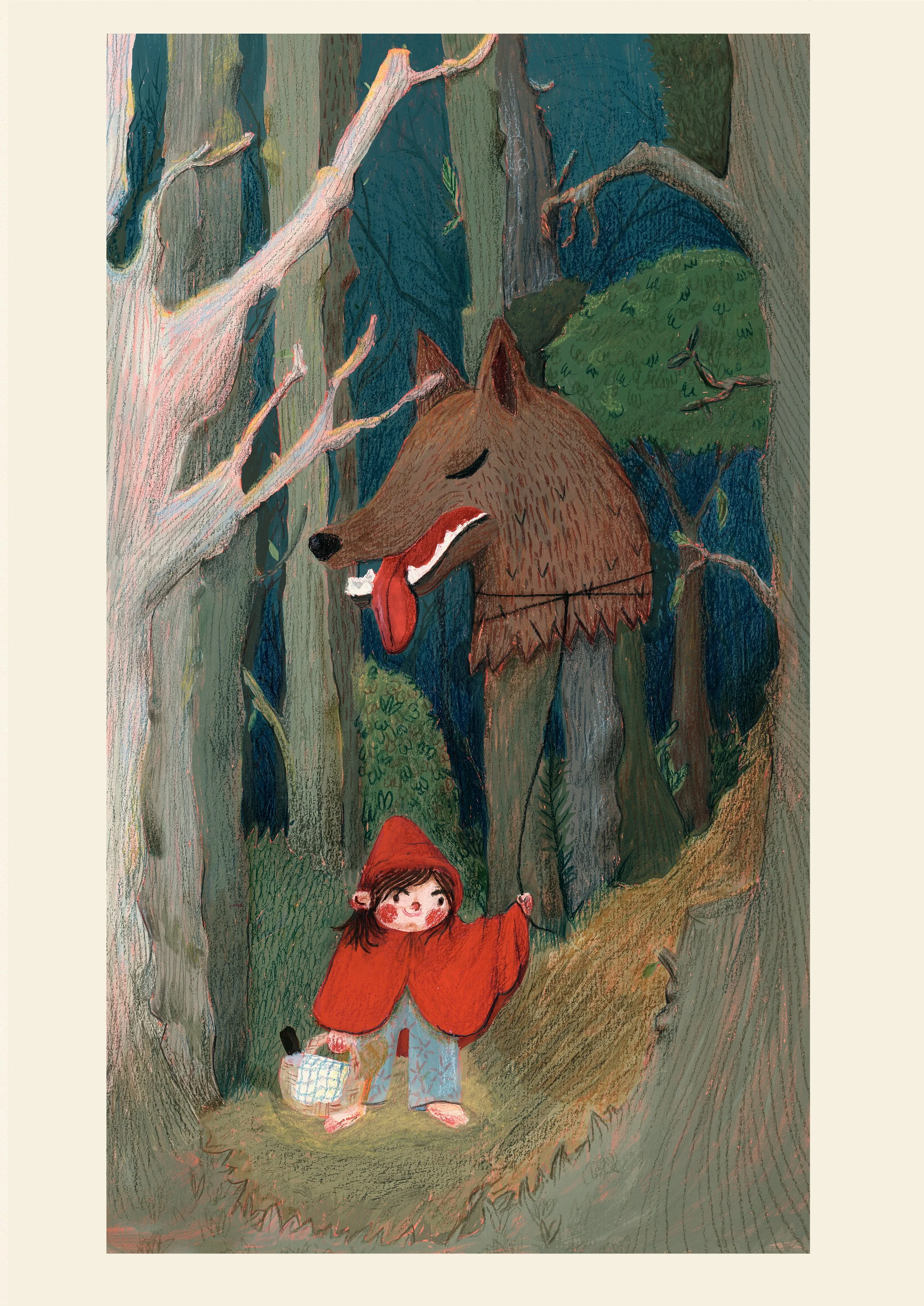 Red ridding how with the head of he wolf as a balloon. Gouache and colour pencil.
