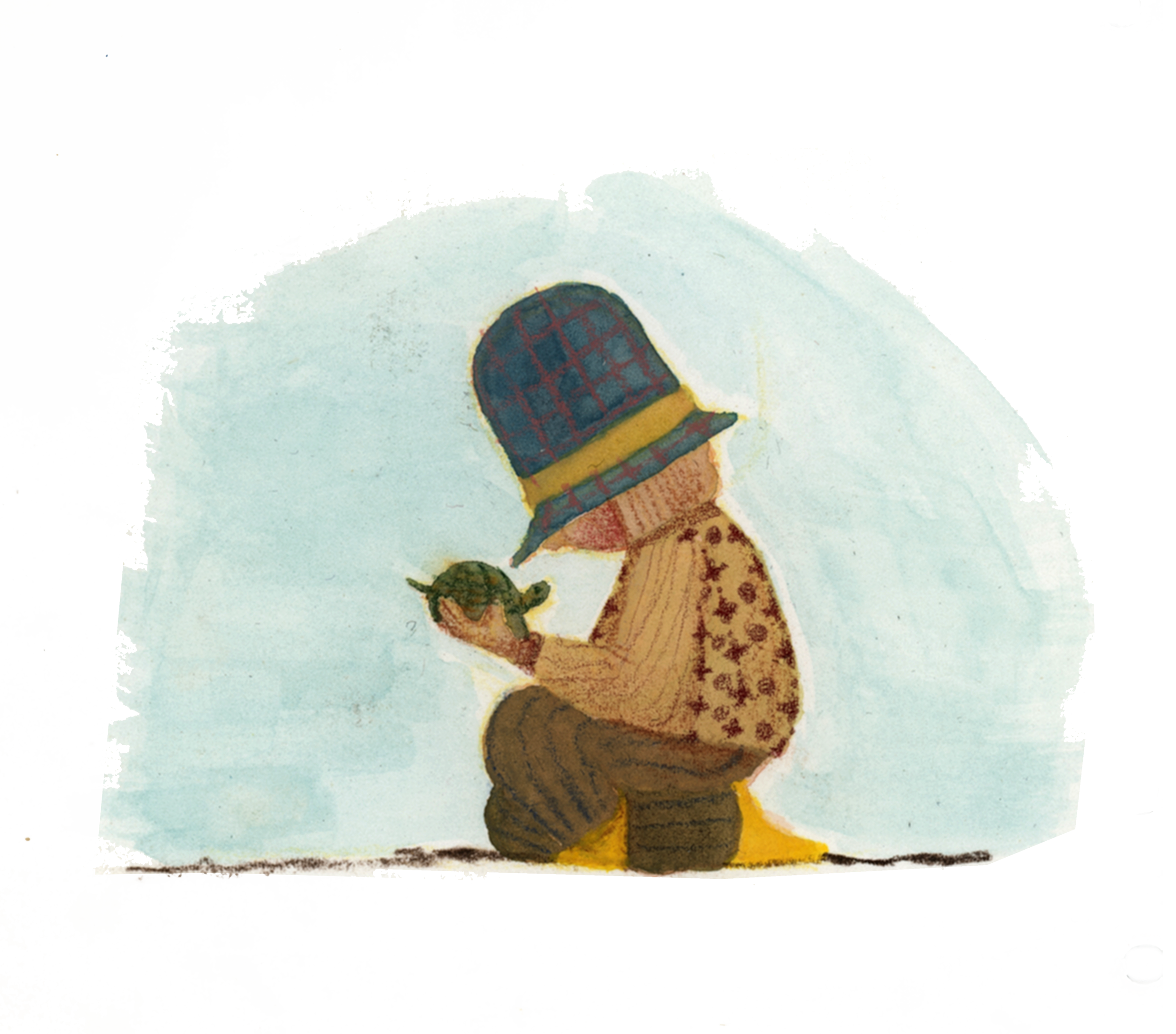Boy with a big hat and a turtle. Watercolour and pencil.