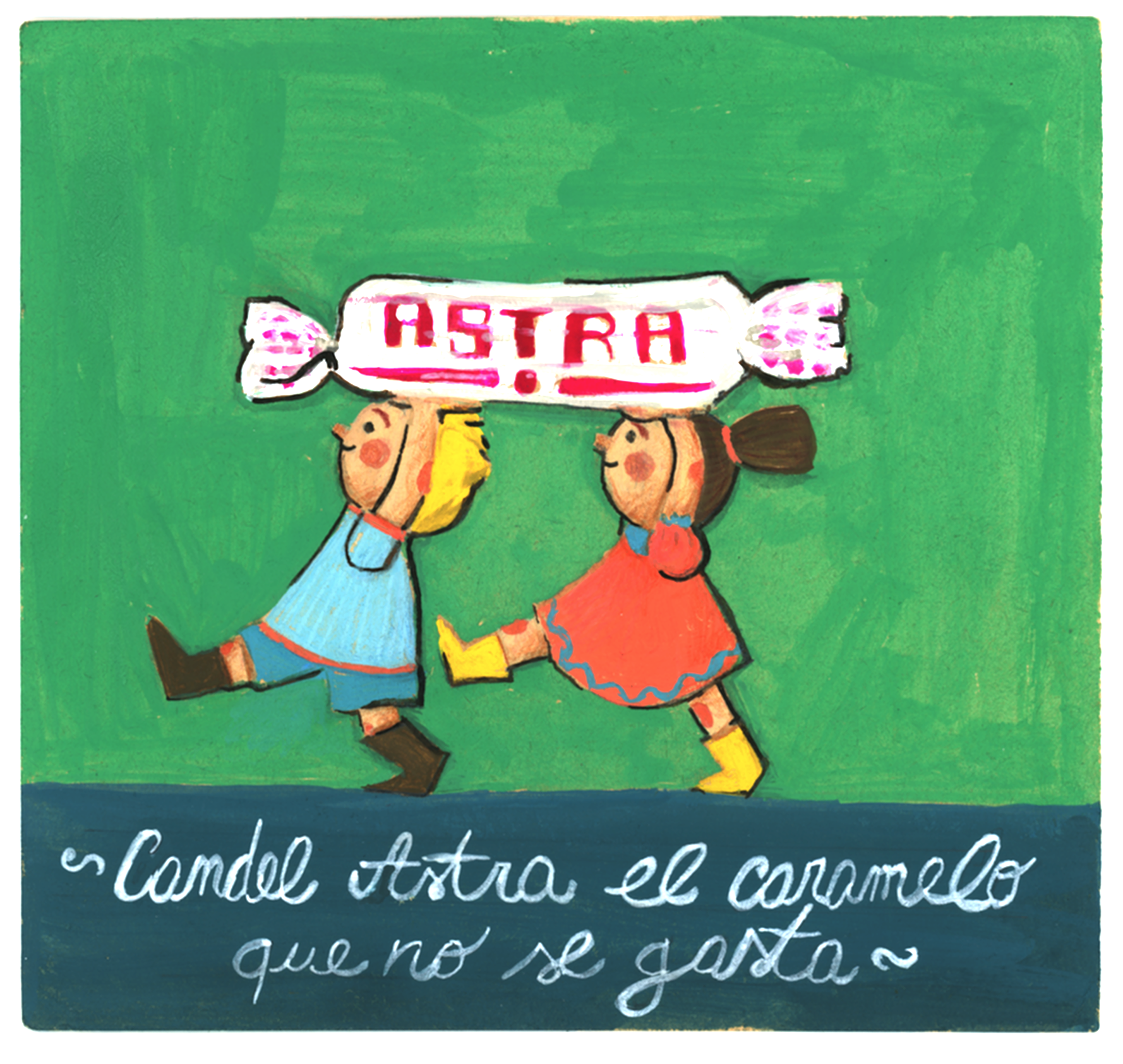 Children carrying a large candy with the word 'ASTRA' on it, against a green background, with a caption in Spanish that reads 'Cuando Astra el caramelos que no se gasta'.