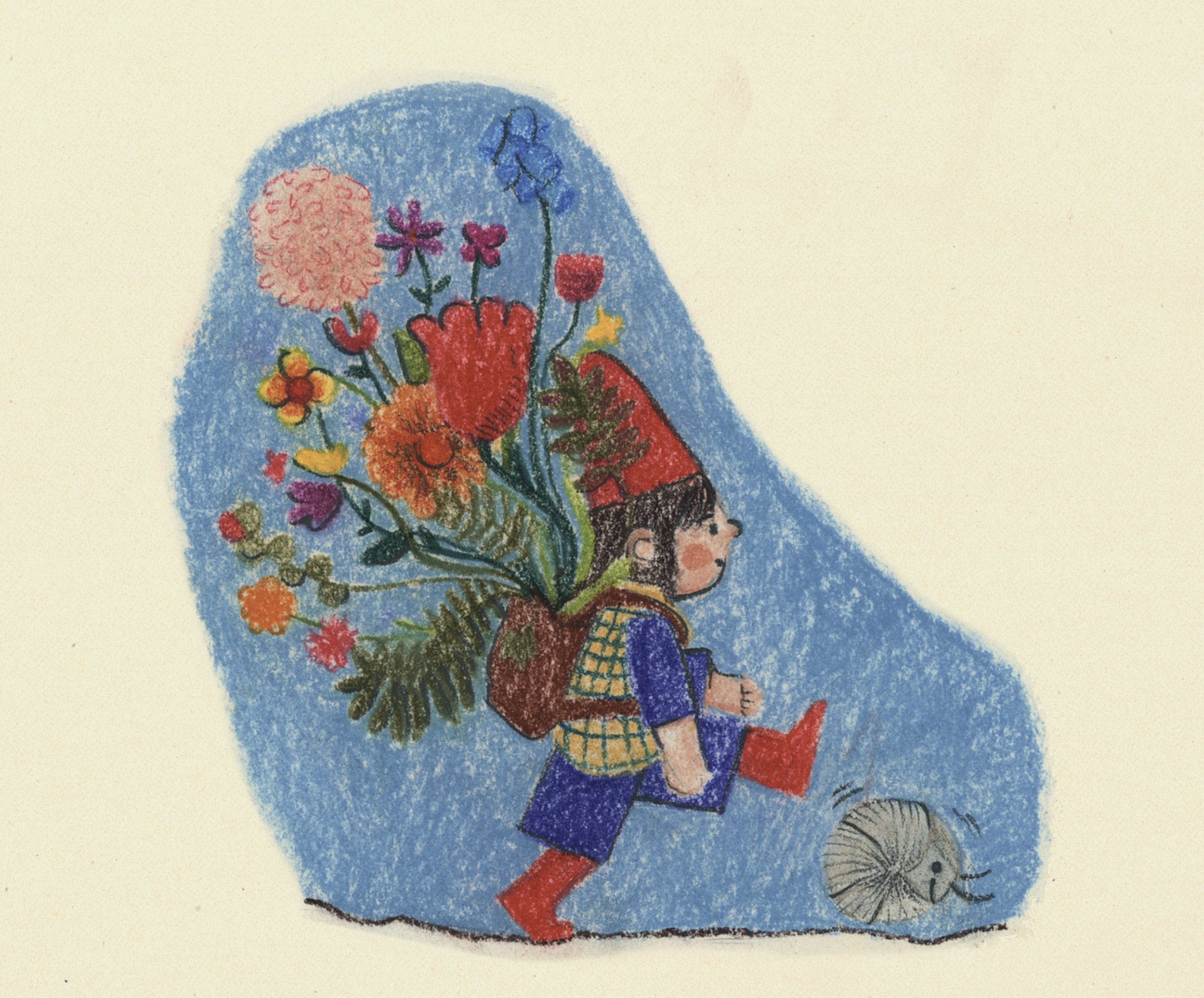 Pola and Bolita pick flowers. Pastel and color pencil.