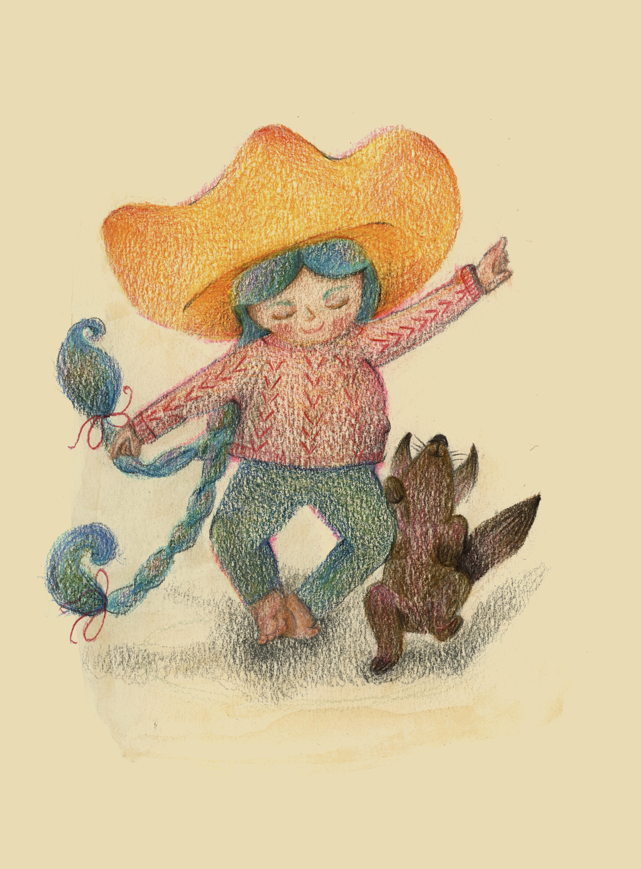 Girl and dog dancing. Color pencil. 