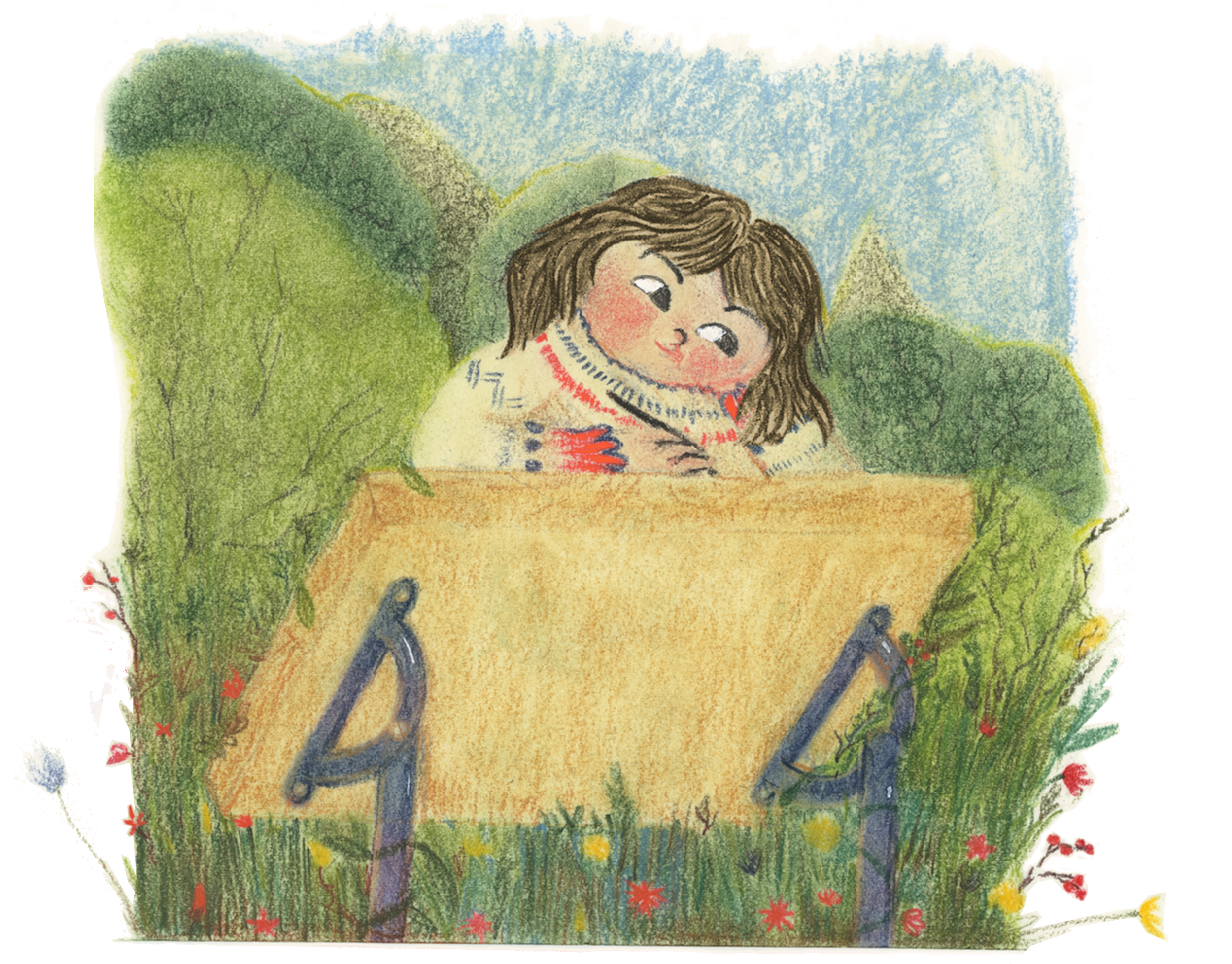 A young girl with brown hair and a white sweater is smiling and peeking over a wooden table in a lush outdoor setting with green bushes and blue sky.