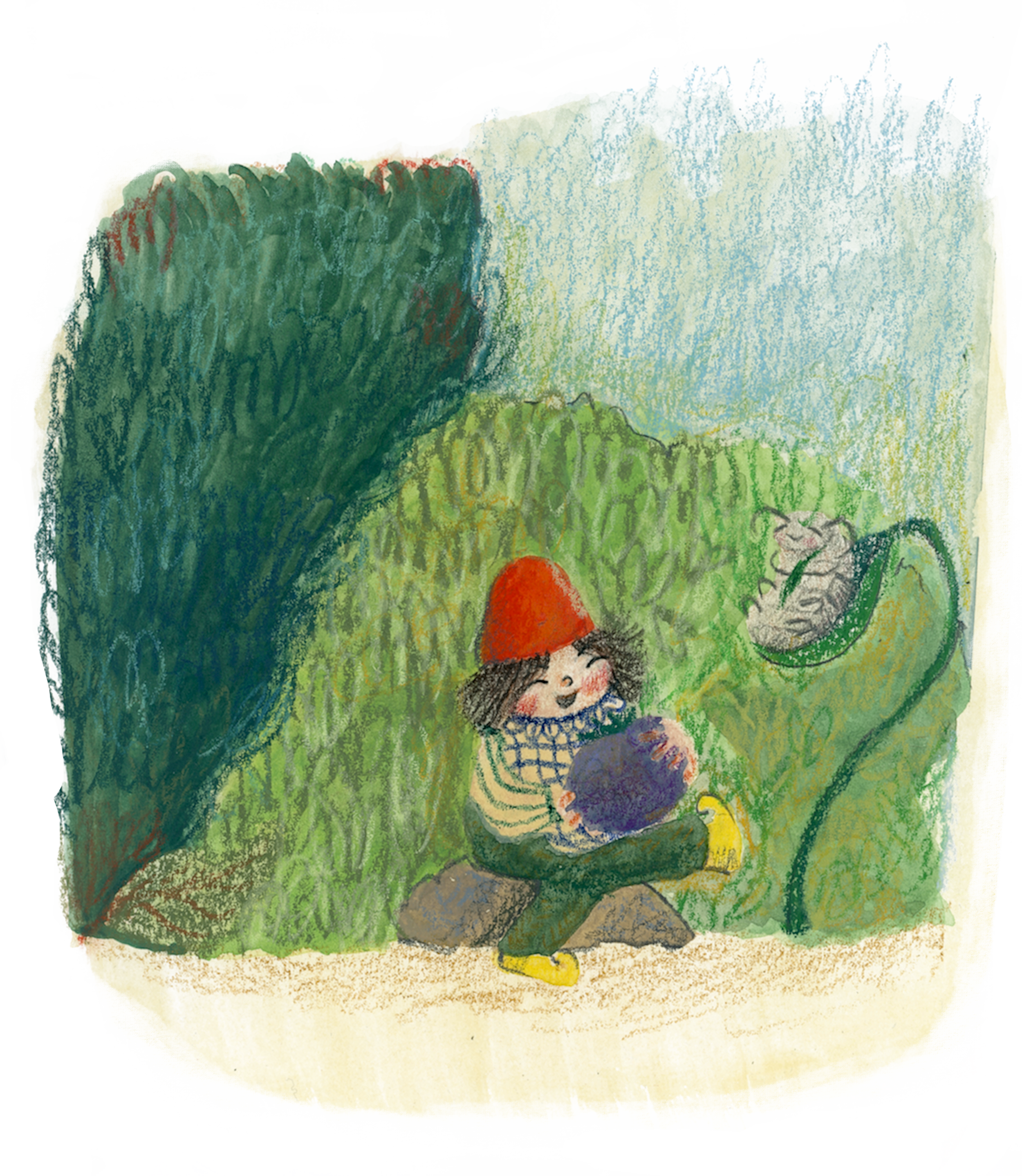 Girl with Red hat sitting on a rock eating a blueberry with her pet bug. 
