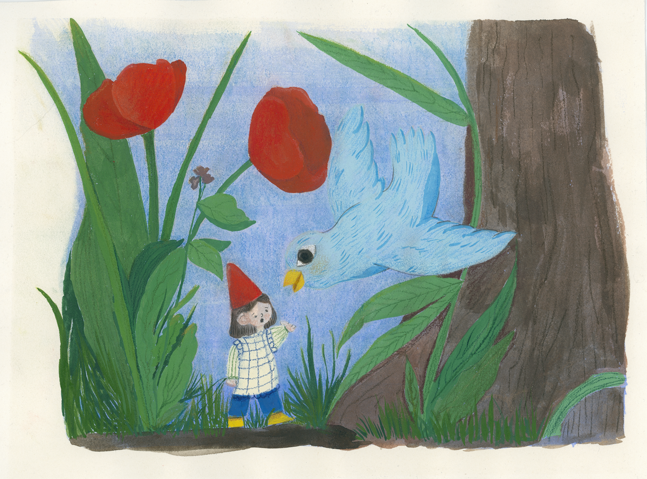 A bird is telling Pola the news about the really old tree.