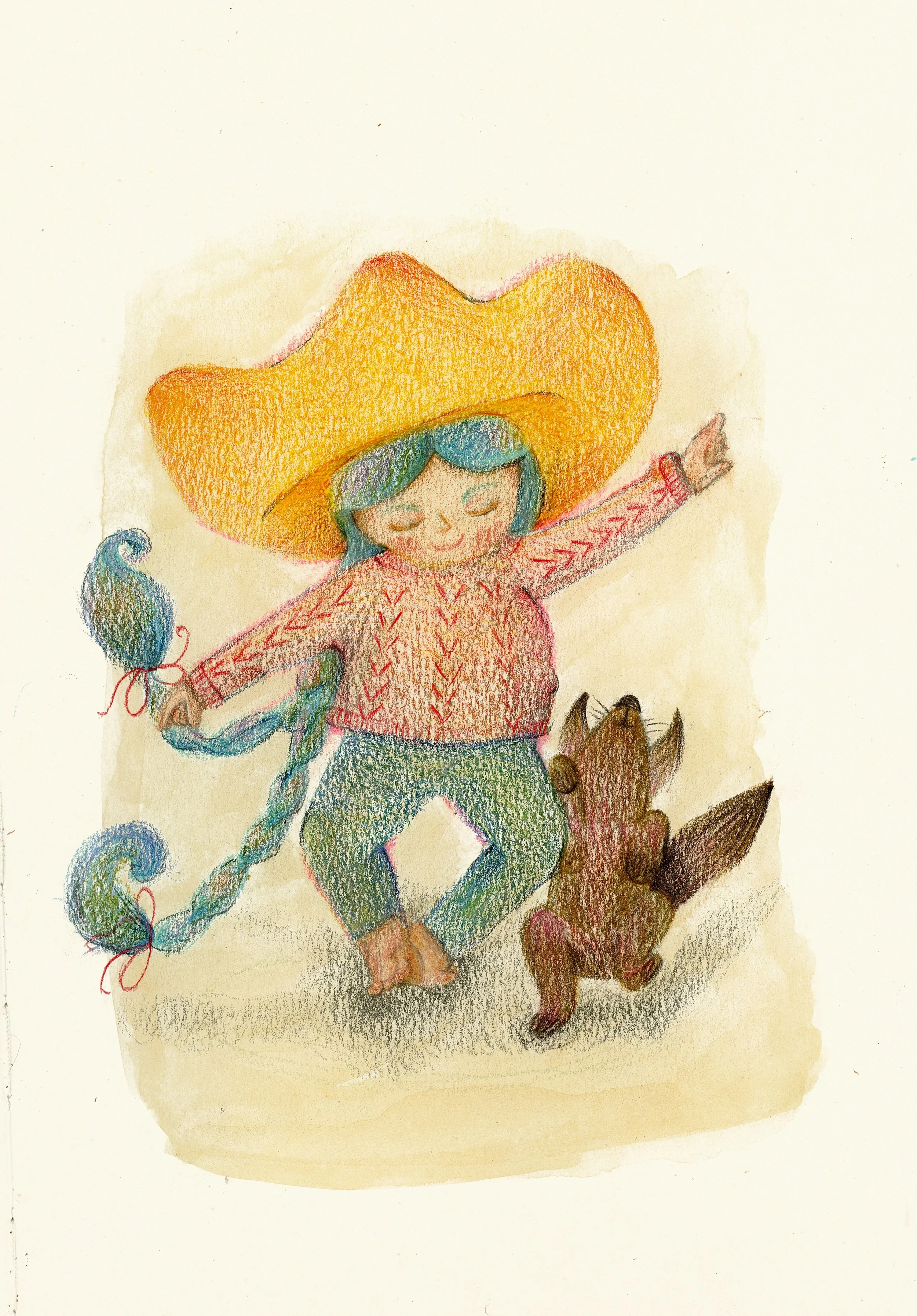 Colorful illustration of a smiling girl with blue hair, wearing a large yellow hat, a red patterned shirt, and green pants, sitting with arms outstretched, accompanied by a small brown furry creature with wings.