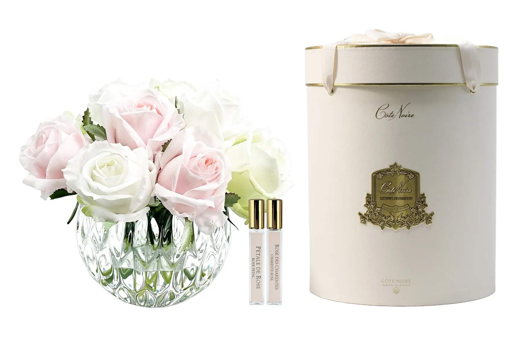 Cote Noire Luxury Round 13 Rose Buds Bouquet - French Pink, Green & White