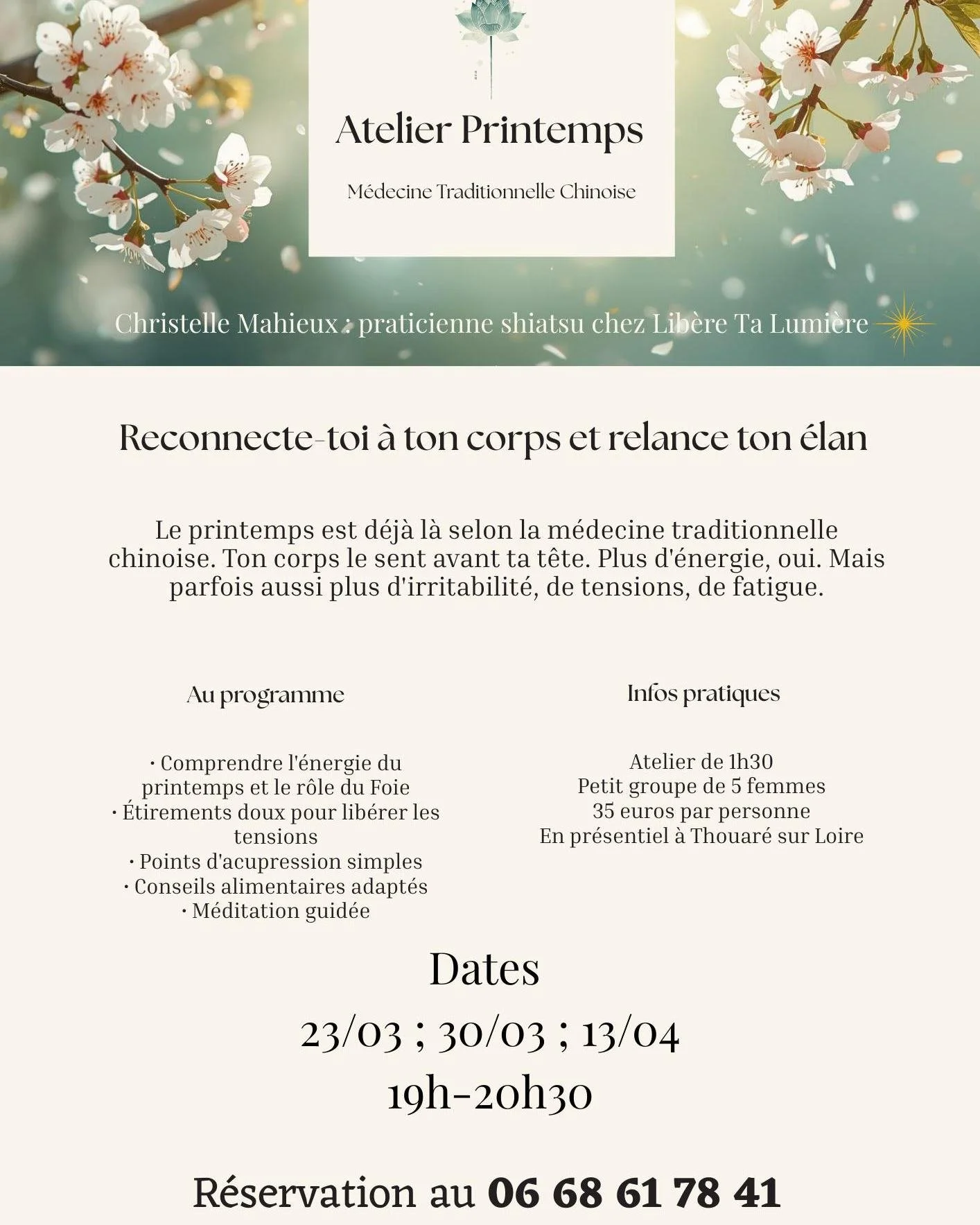 Nouveaut&eacute; au cabinet de Thouar&eacute; sur Loire !!!

 #carquefou #prendresoindesoi #reconnexion #ReconnexionAuCorps #nantes #partage #medecinechinoise #saintelucesurloire #bienetre #printemps #atelierbienetre