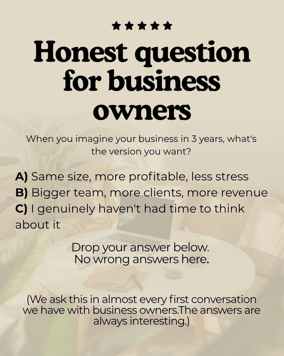 Question for business owners.

When you imagine your business in 3 years &mdash; what's the version you actually want?
A) Same size, more profitable, less stress
B) Bigger team, more clients, more revenue
C) I genuinely haven't had time to think abou