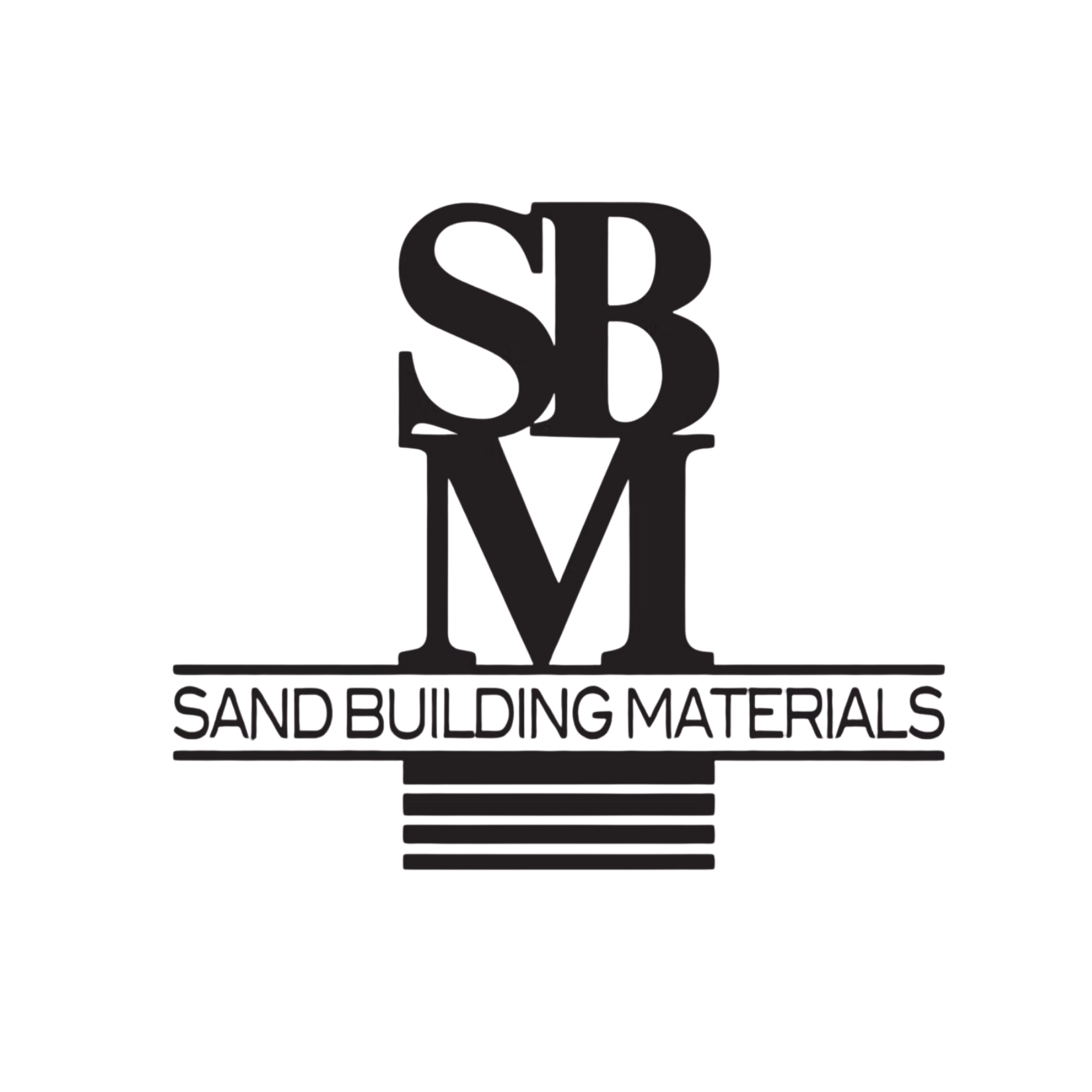 Black and white logo for SDBM Sand Building Materials featuring a light bulb with layered lines at the base and the words "SDBM" and "Sand Building Material" in black, uppercase letters.