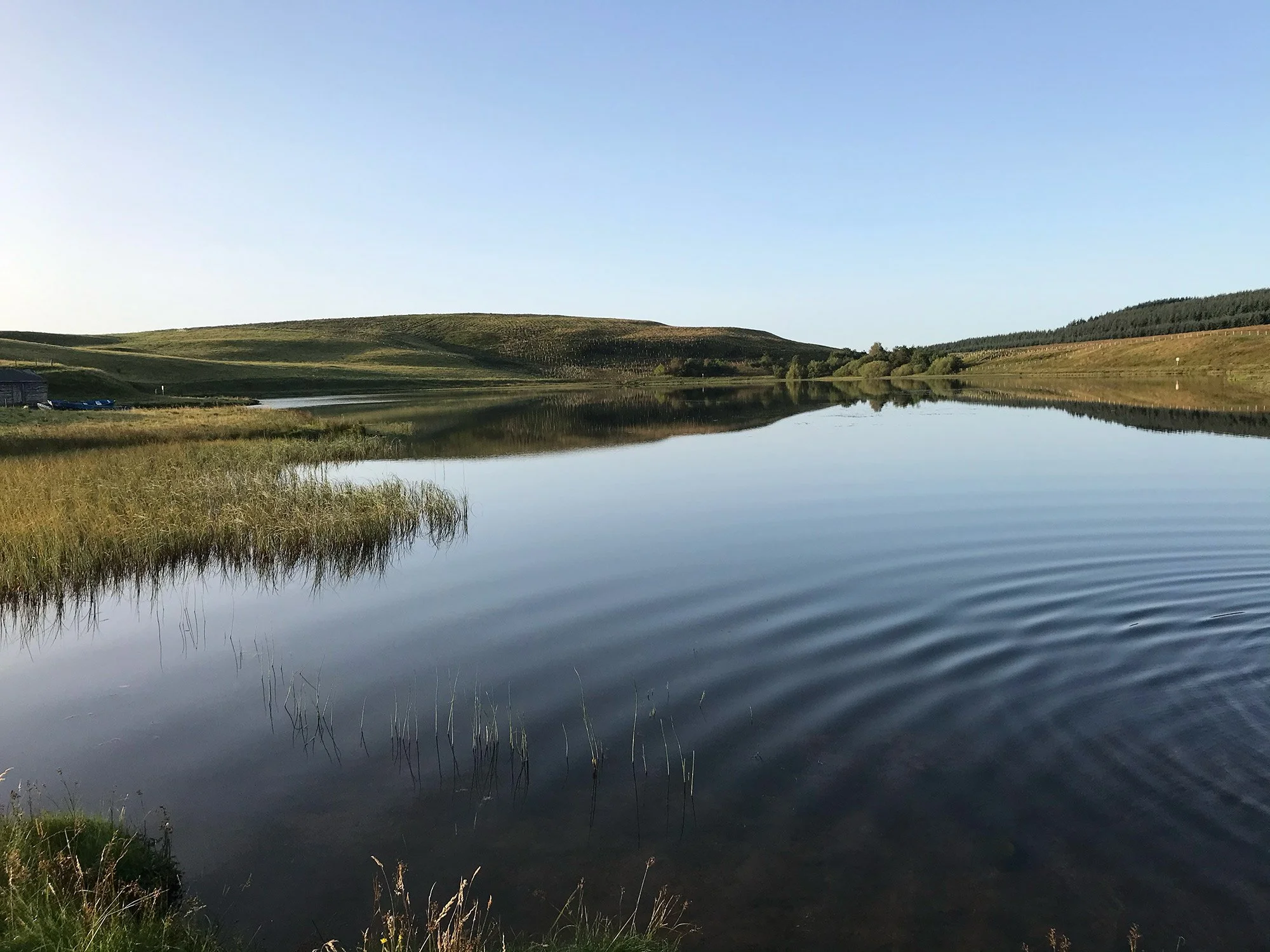 A calm lake reflecting the sky and surrounding green hills under a clear blue sky.