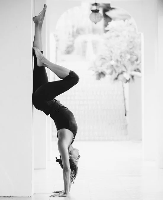 Person performing a wall handstand in a bright indoor space with a fan and potted plant in the background.