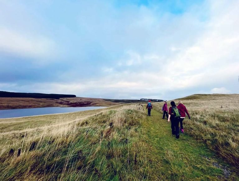 A group of people hiking on a grassy trail beside a lake in a remote, open landscape with hills and cloudy sky.