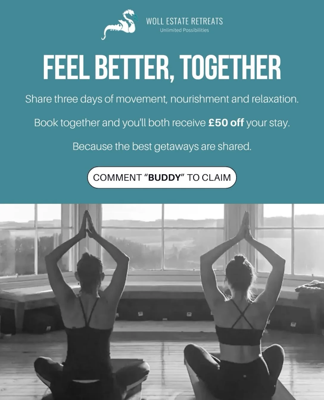 Bring a friend for &pound;50 off your stay each.

Who would you bring? 🤍

Your best friend.
Your sister.
Your mum.
Your work wife.

Imagine three days away from the demands of everyday life, surrounded by beautiful countryside, nourishing food, move