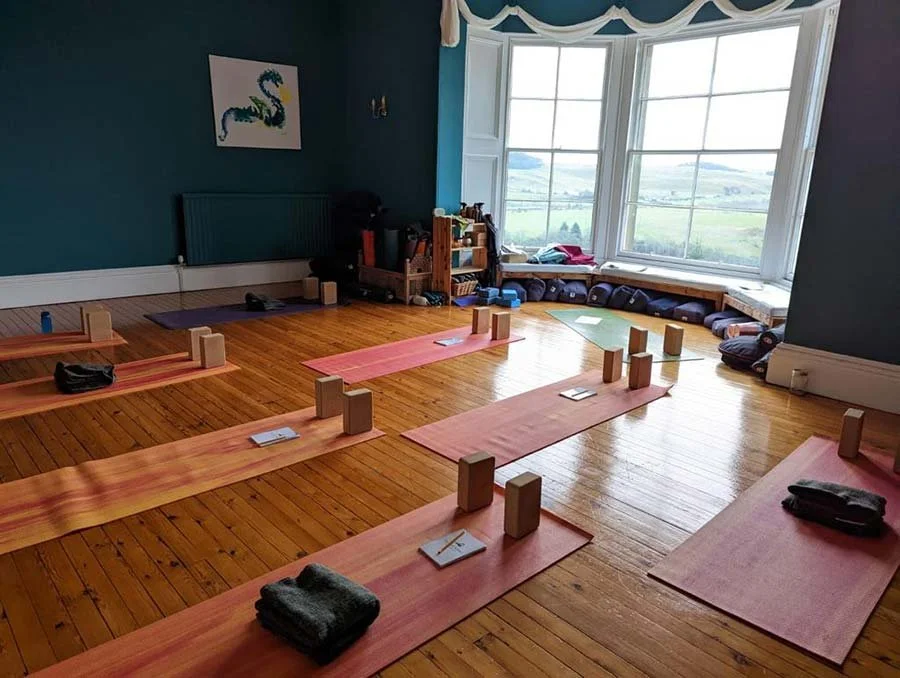 Yoga class setup with pink mats, wooden blocks, rolled towels, and small books or notebooks, in a bright room with a large window overlooking a green landscape.