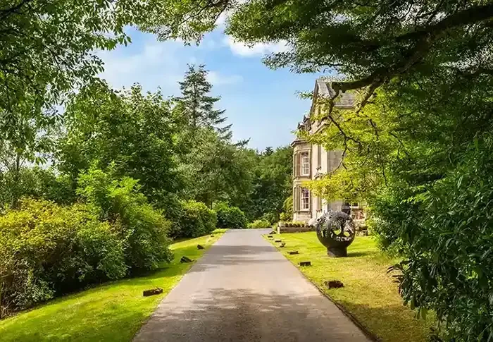 tree lined driveway entrance of Woll House