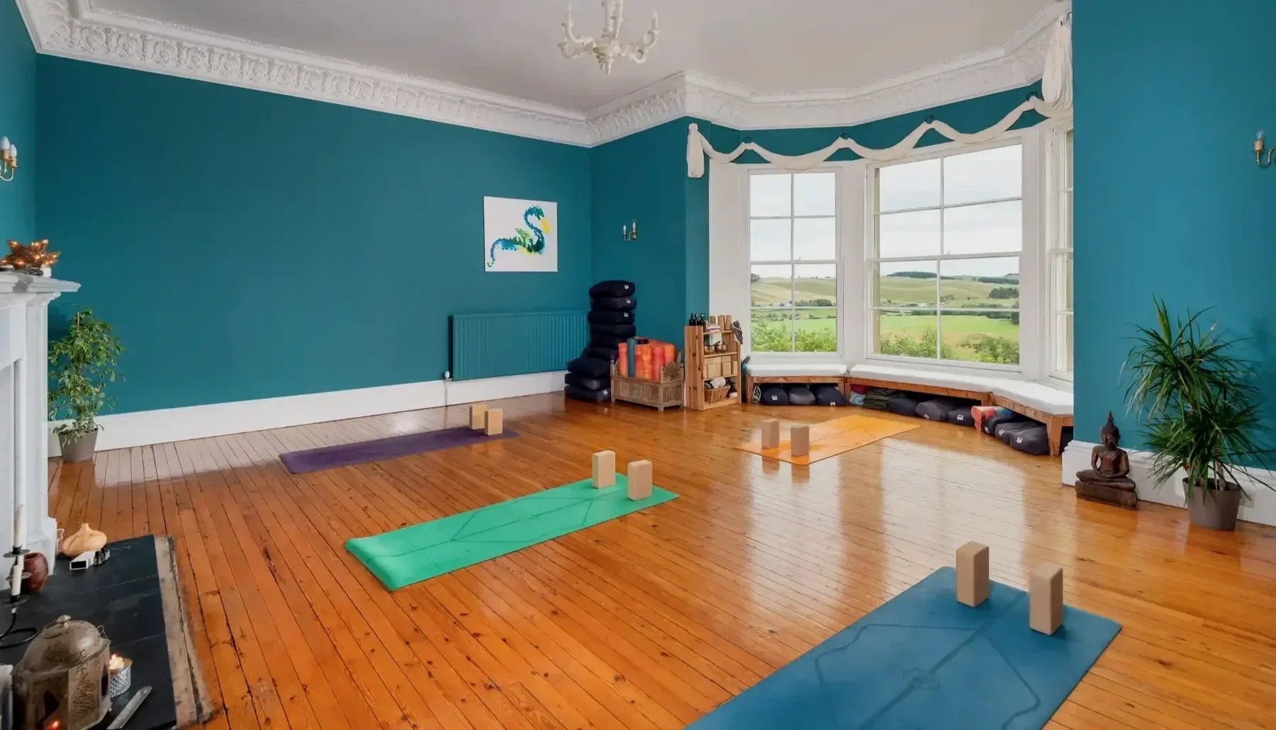 Yoga practice space overlooking the Scottish Borders