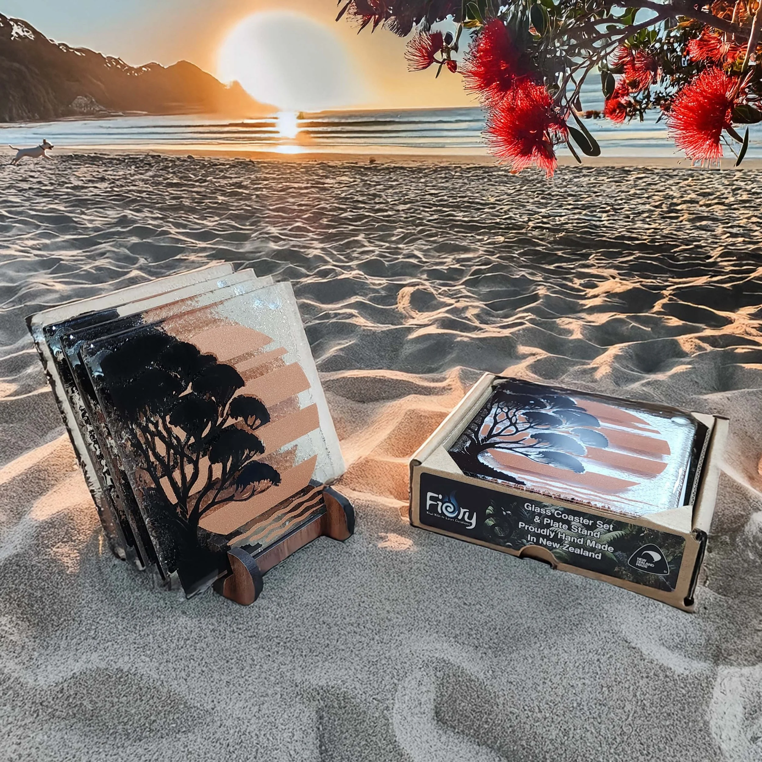 NZ Made Glass Coasters Pohutukawa Sunset Box.jpg