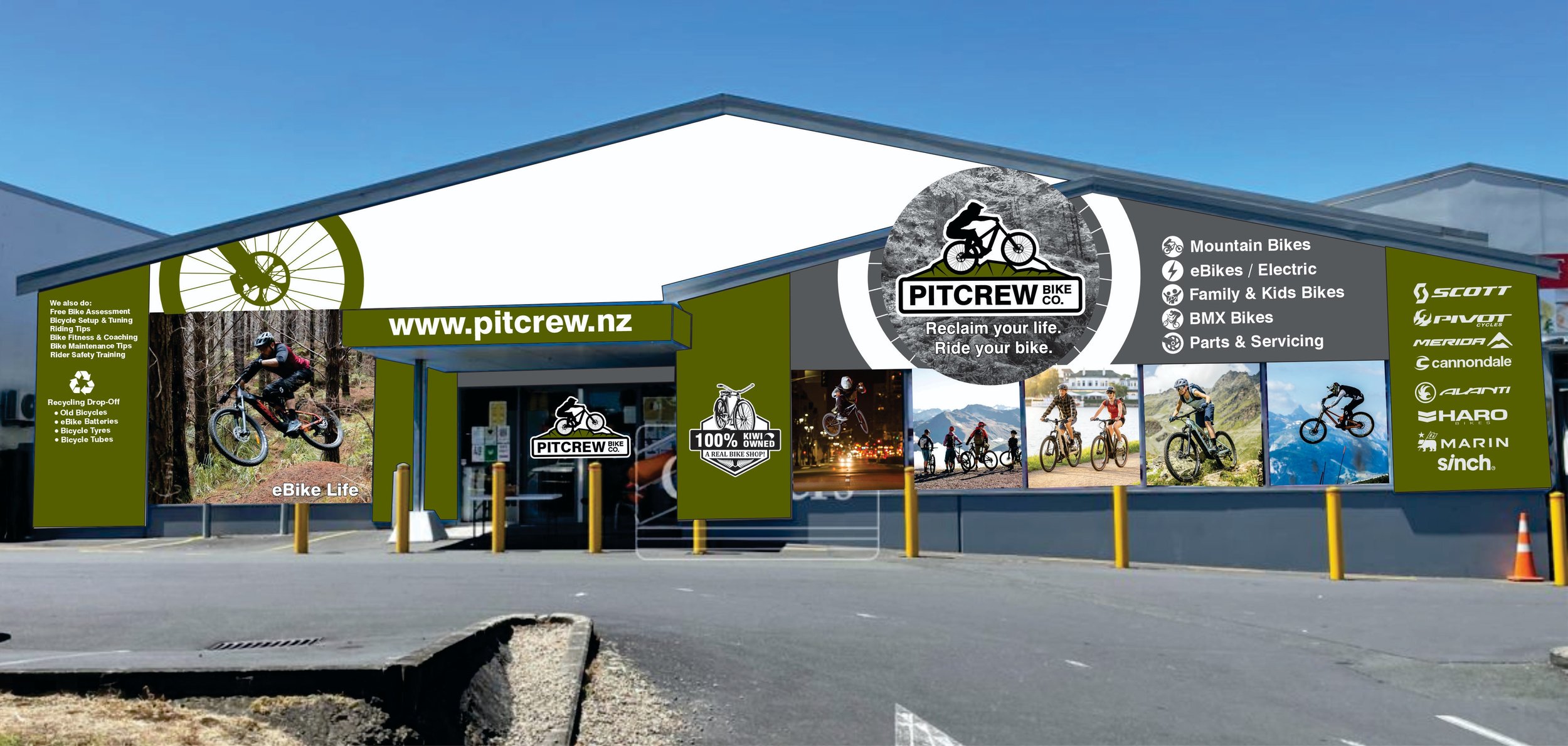 A large bike shop storefront with the website www.pitcrew.nz displayed, showcasing various bikes and services including mountain bikes, e-bikes, family bikes, BMX bikes, and parts servicing. Store signage emphasizes bike lifestyle and recycling drop-