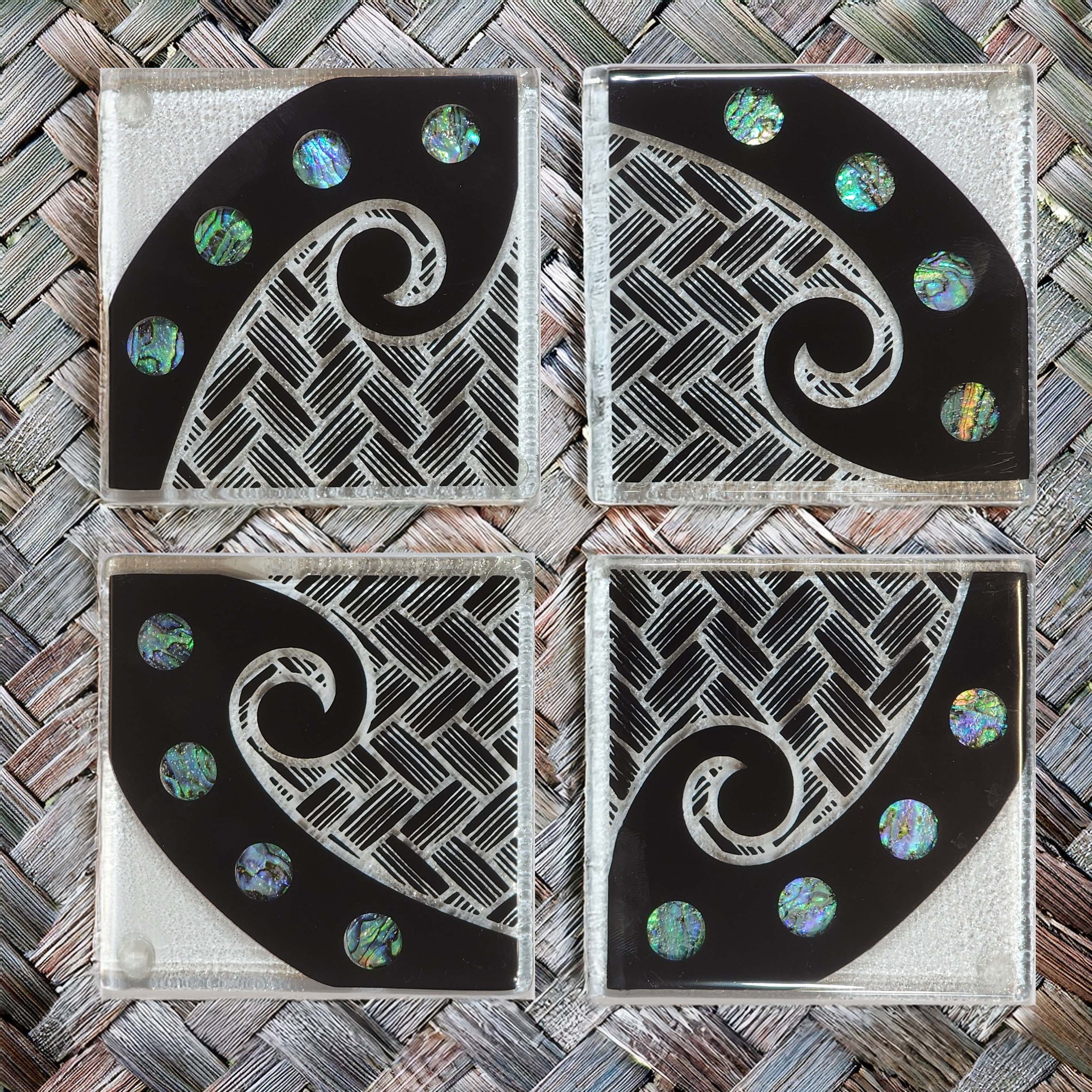NZ Made Glass Coasters Paua Kete set.jpg