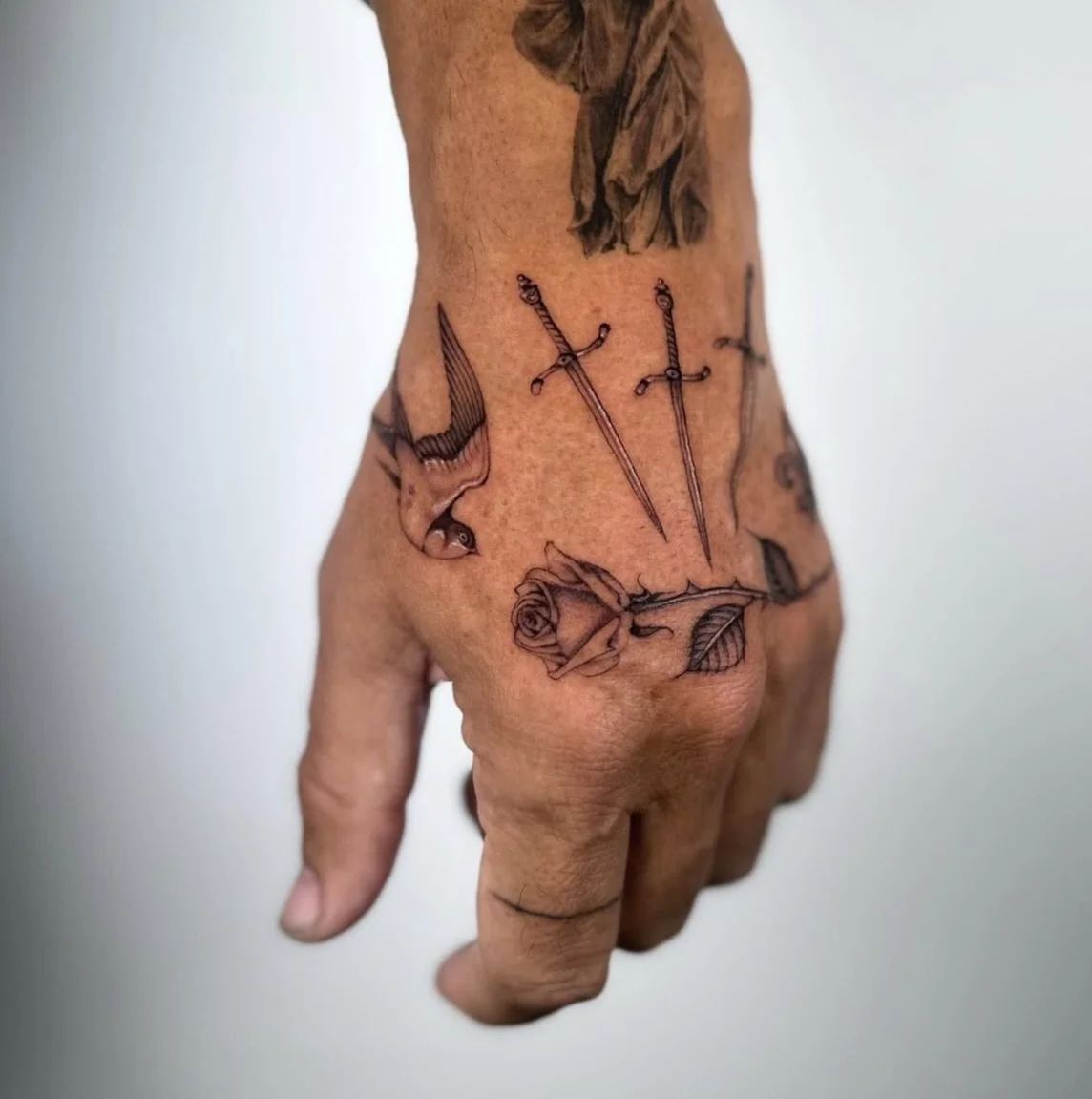 Hand composition made by @lepapillon.tattoo link in Daniel&rsquo;s page for booking inquiries!