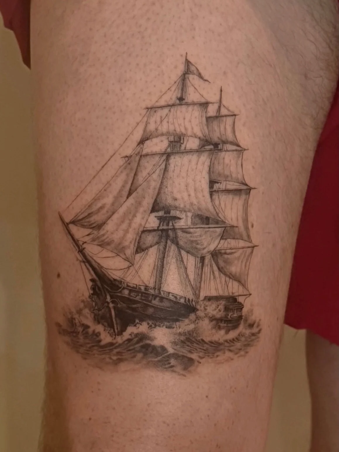 Gorgeous antique ship piece by @delourdes.tattoo in the studio! Contact em directly for info!