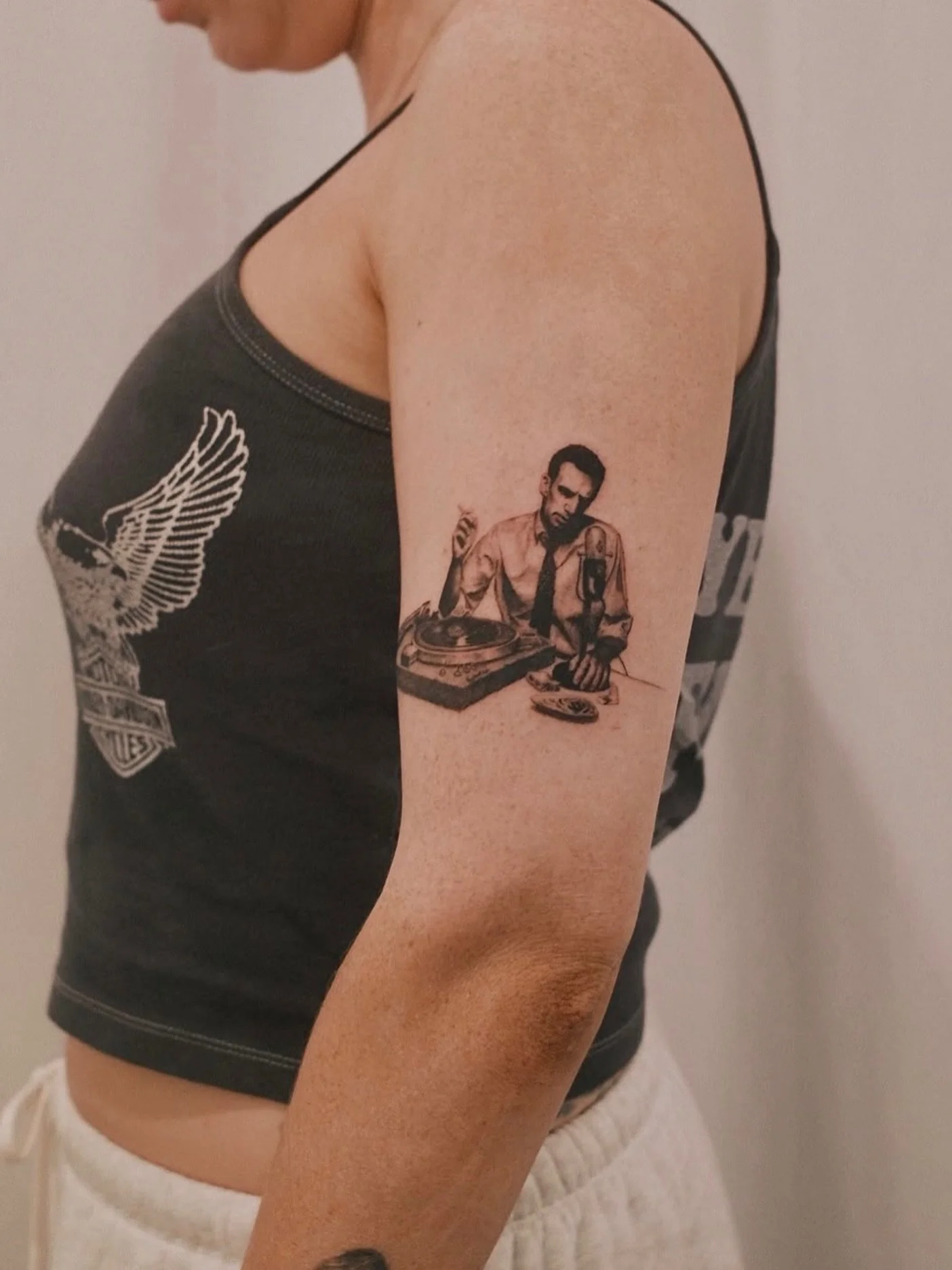 Donald Fagen album tribute tattoo made by Em at the shop for his good friend! Dm @delourdes.tattoo to check his availability &amp; collab on your next piece!