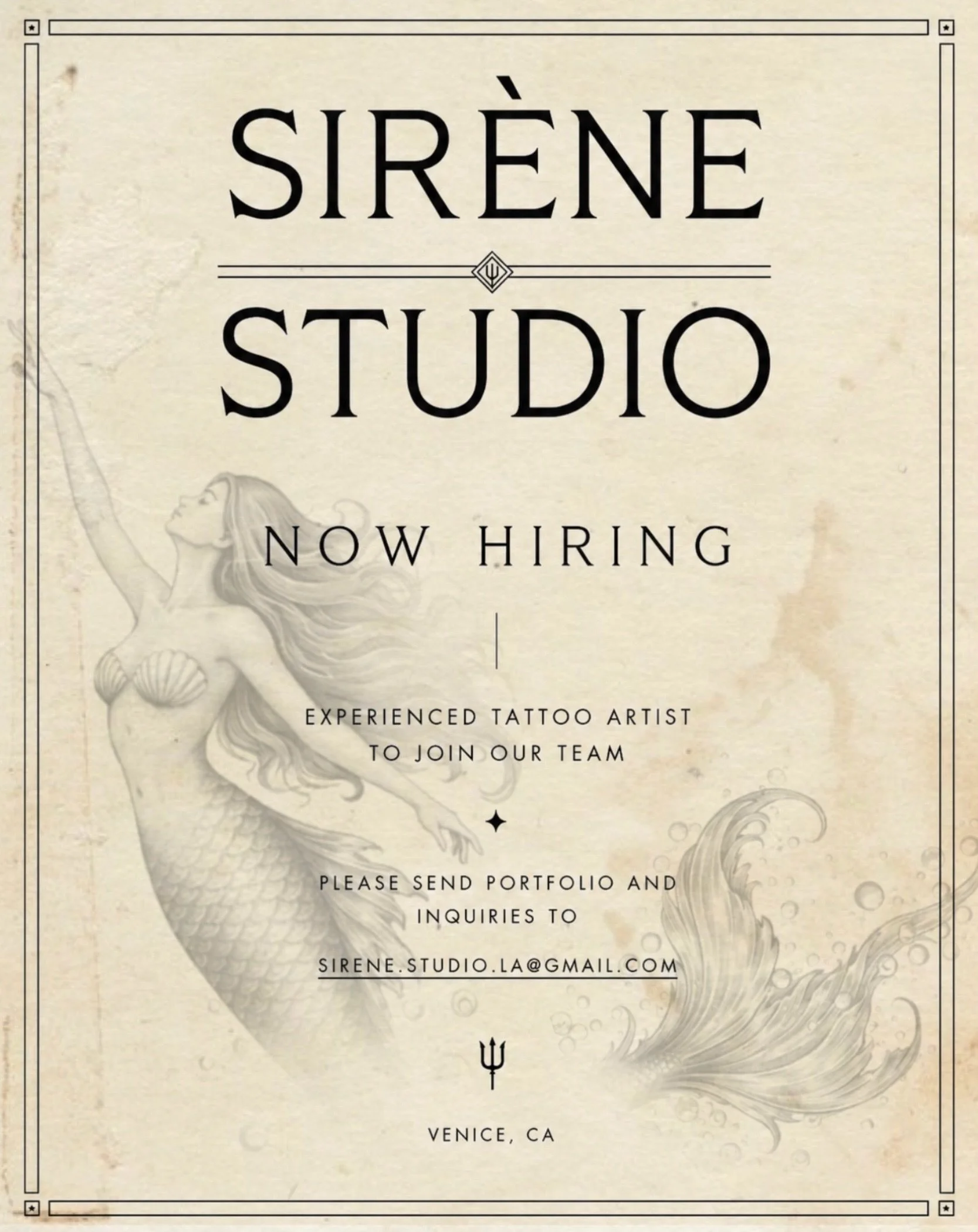 We are currently looking for experienced tattoo artists to join our team at Sir&egrave;ne Studio. 

If you&rsquo;re looking for a beautiful space to create, we&rsquo;d love to hear from you. Located in Venice, CA (just a block from Venice Beach).

Pl