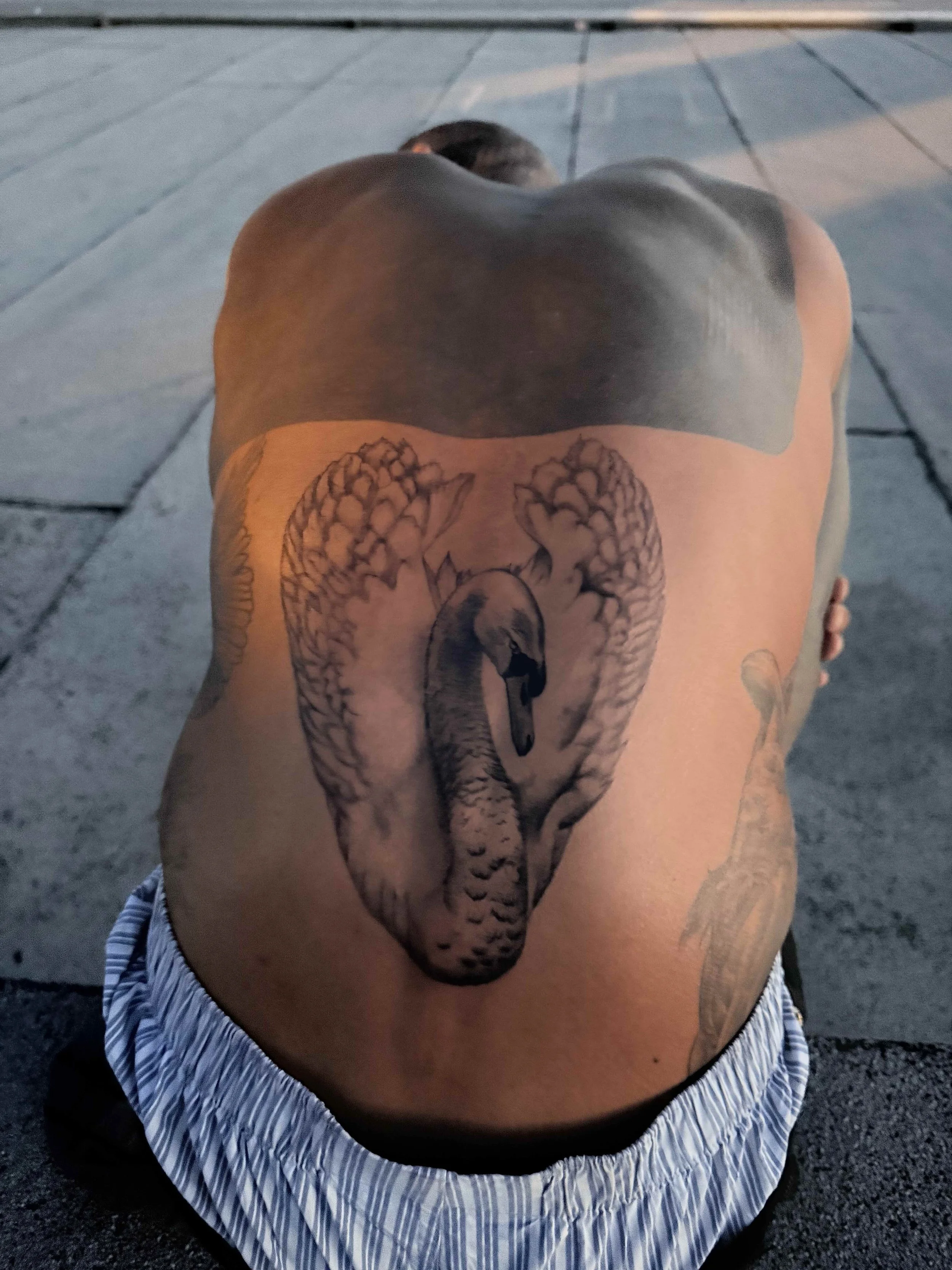Black-and-grey realistic swan tattoo with detailed feather shading across the back, by Bianca Evangeline.