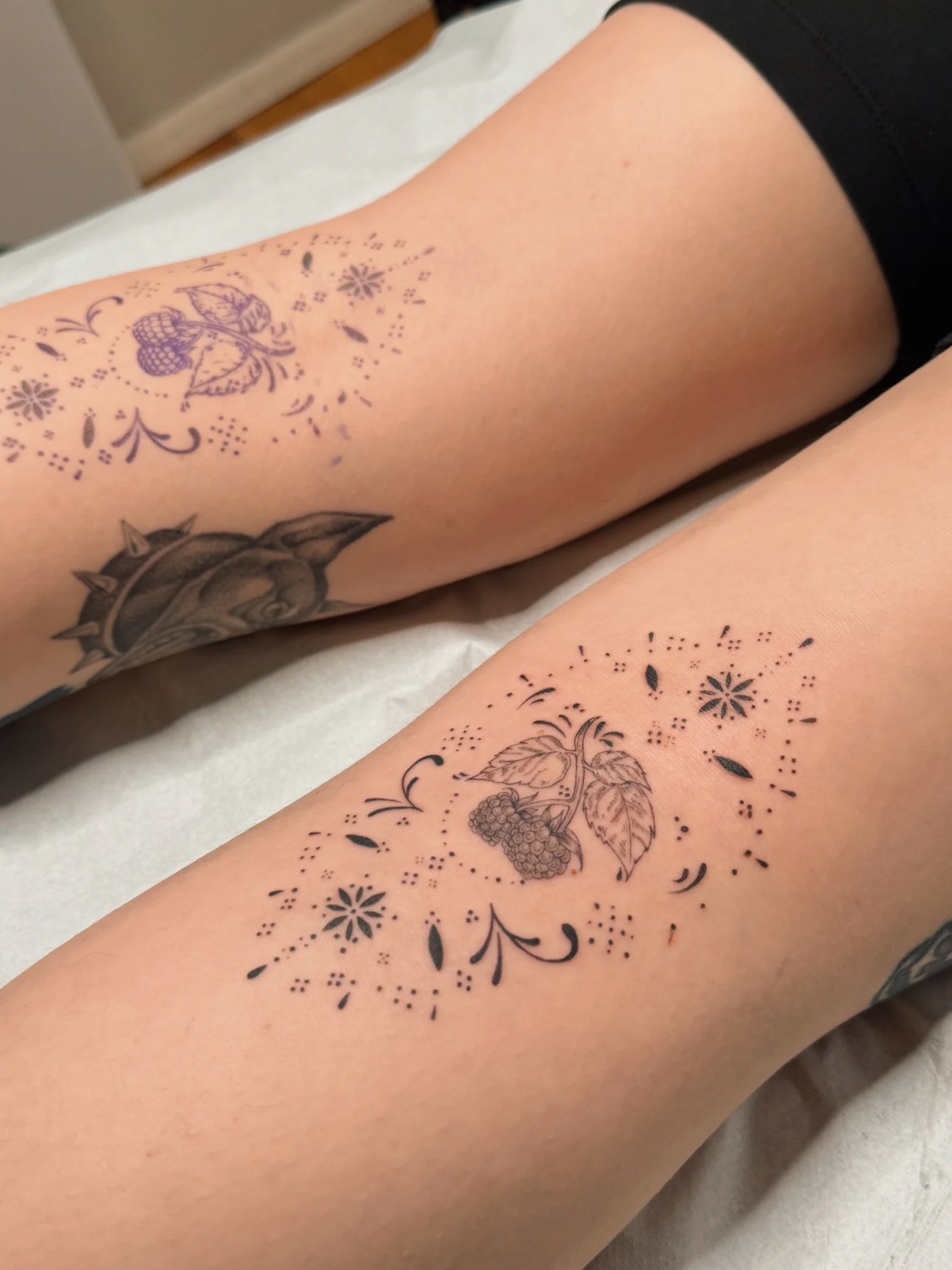 Matching fine line botanical tattoos by Ámya Mila featuring raspberries, leaves, ornamental flourishes, and delicate dotwork on the upper arms.