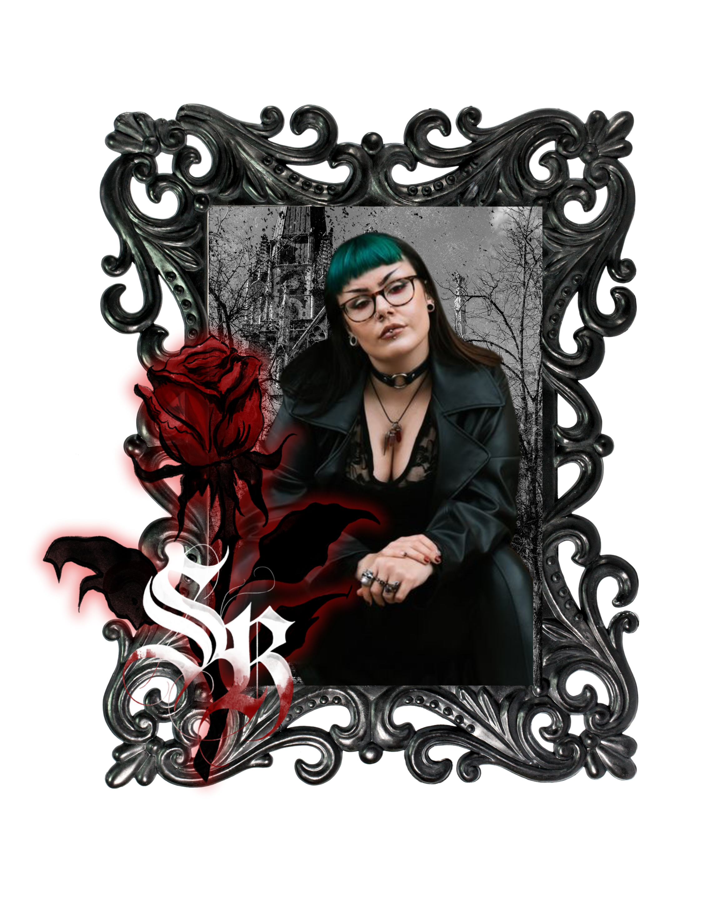 Sira Rose, gothic makeup artist, wearing signature red eyeliner and dark gothic makeup framed in an ornate gothic portrait frame