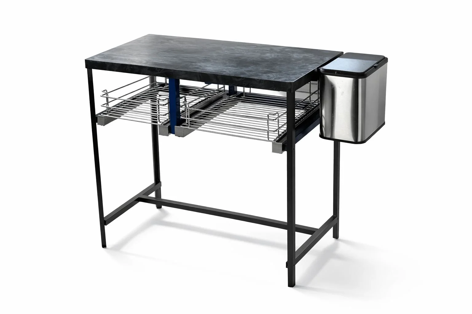 Mesa funcional de metal con repisa, cajones extraíbles y papelera integrada