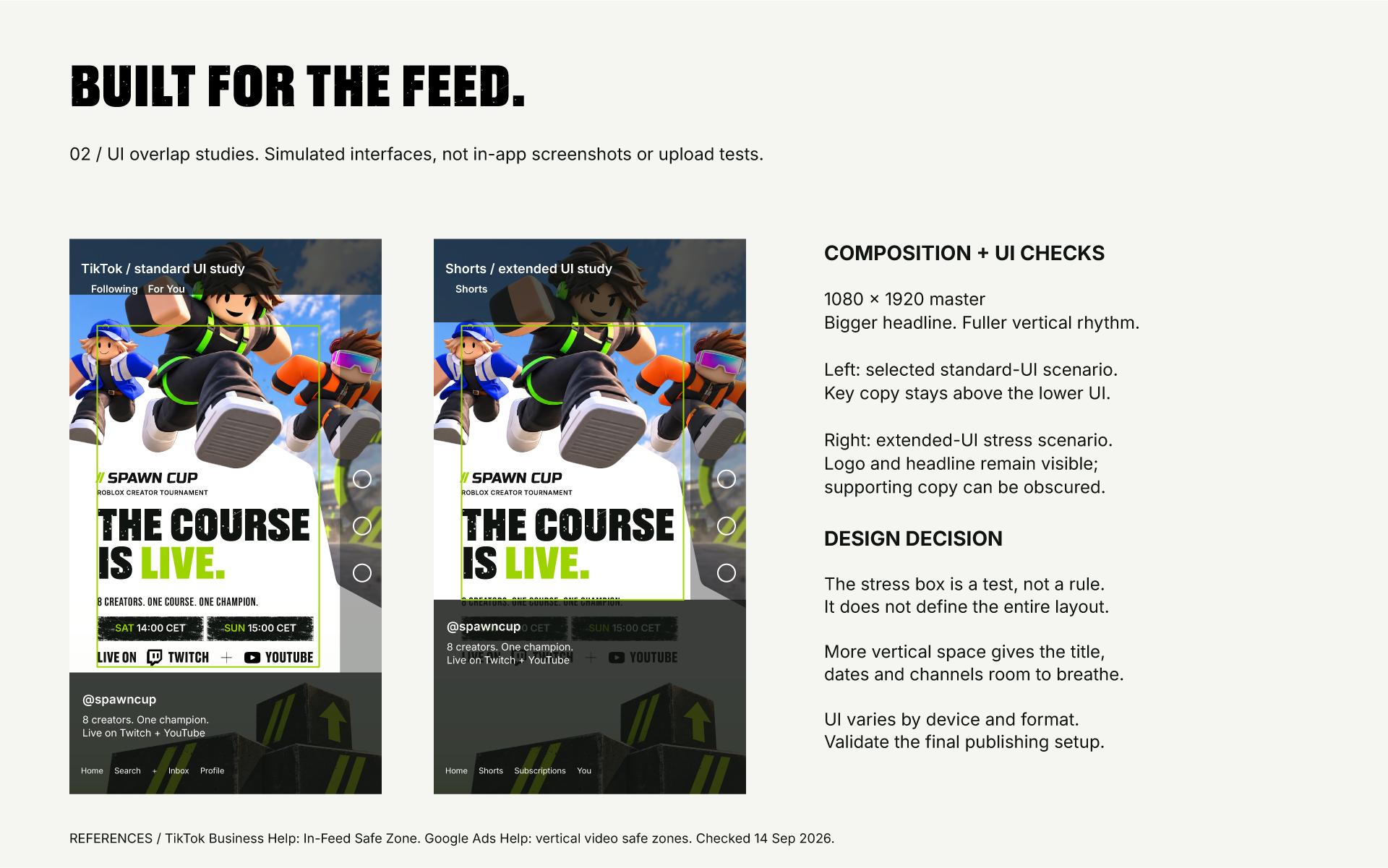 SPAWN CUP vertical key art with platform UI overlays, showing placement of the headline, event times, and viewing channels.