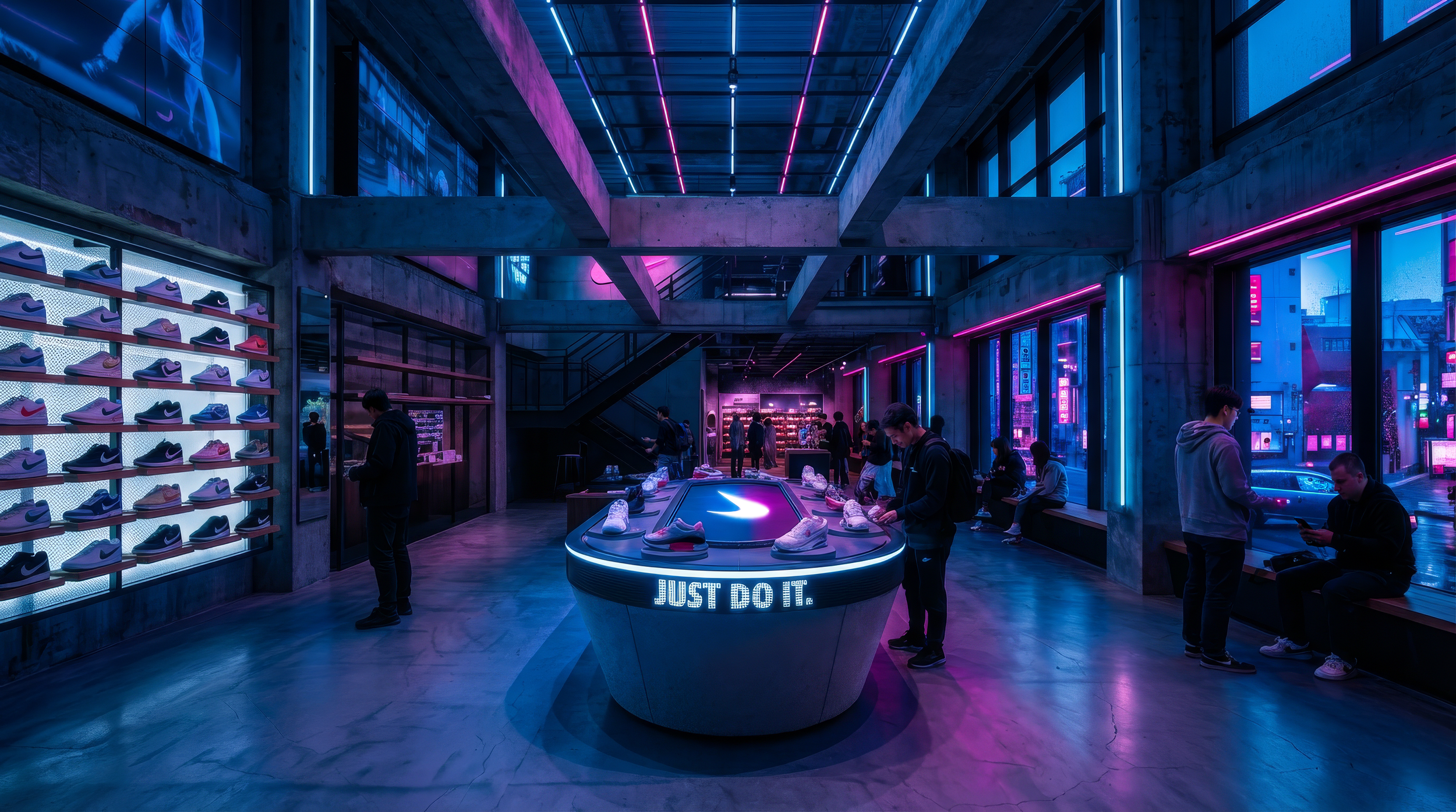 Inside a Nike store with neon purple and blue lighting, shelves displaying sneakers, and customers browsing and sitting by the windows.