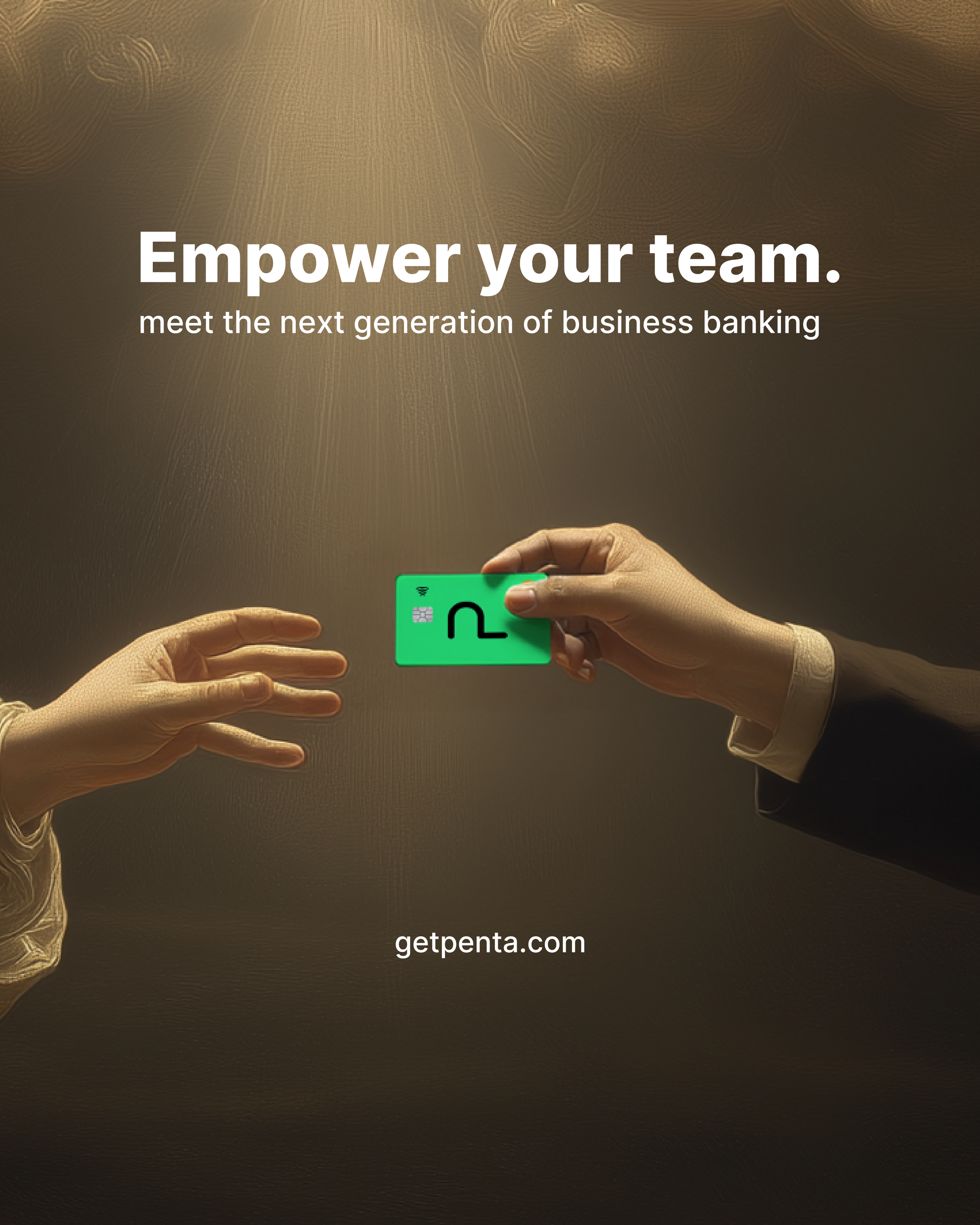 Two hands exchanging a green business card with a logo, against a textured brown background, with an overlay text about empowering teams in business banking.