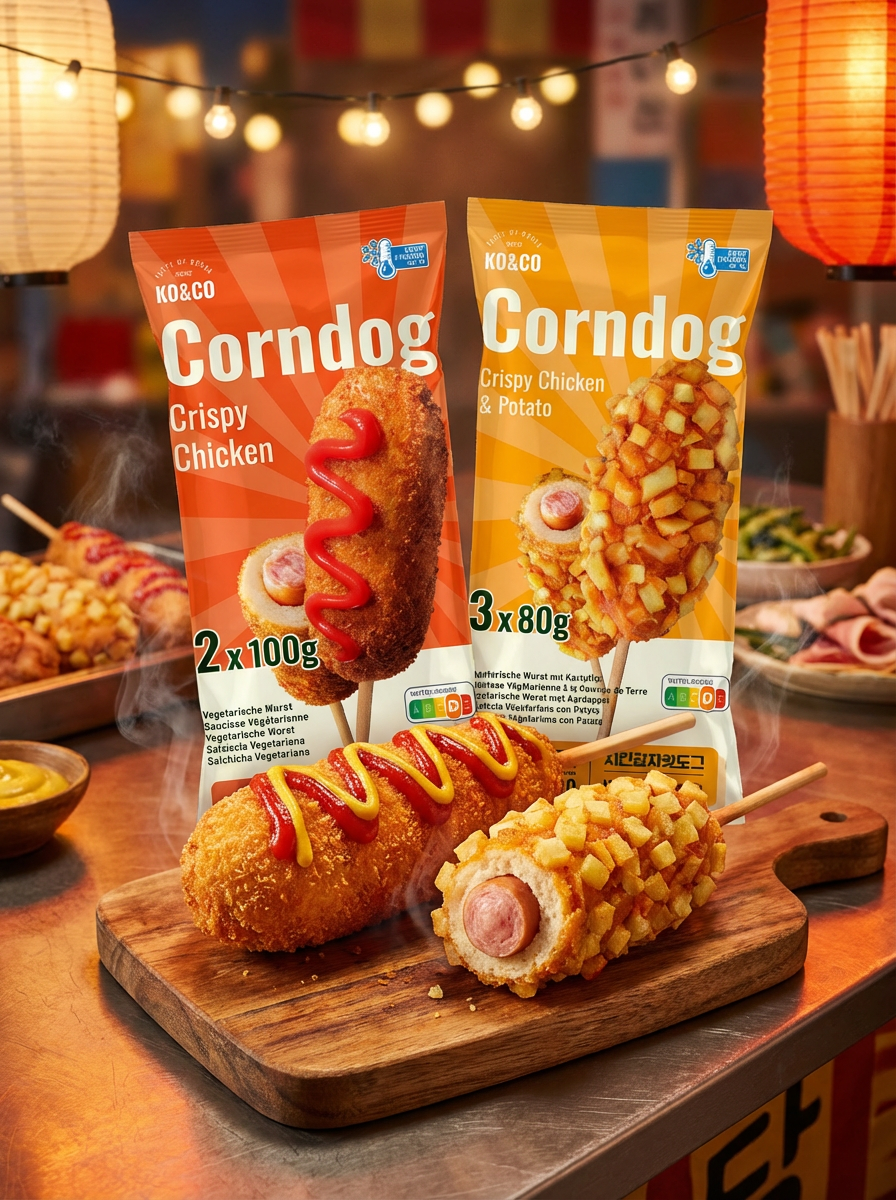 Firefly_Gemini Flash_Generate a stylized, commercial food shot using the attached corn dog packaging desig 962812 (1).png