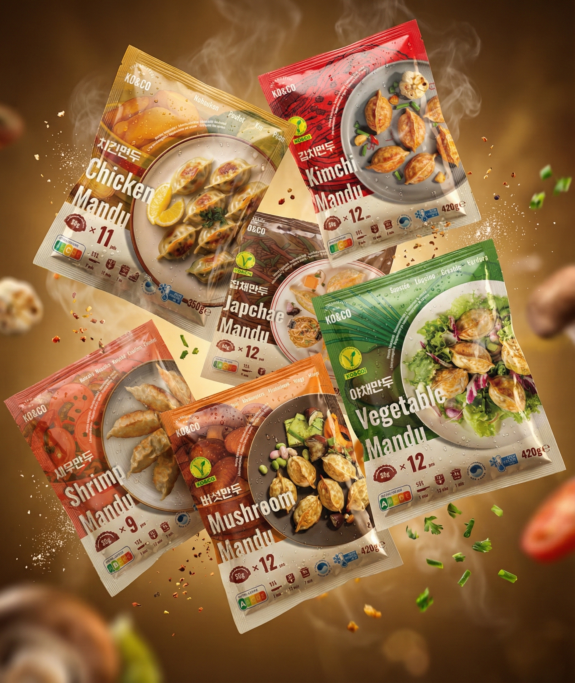 Assorted packages of mandu (Korean dumplings) flavors, including chicken, kimchi, japchae, vegetable, shrimp, and mushroom, floating in mid-air with ingredients around.